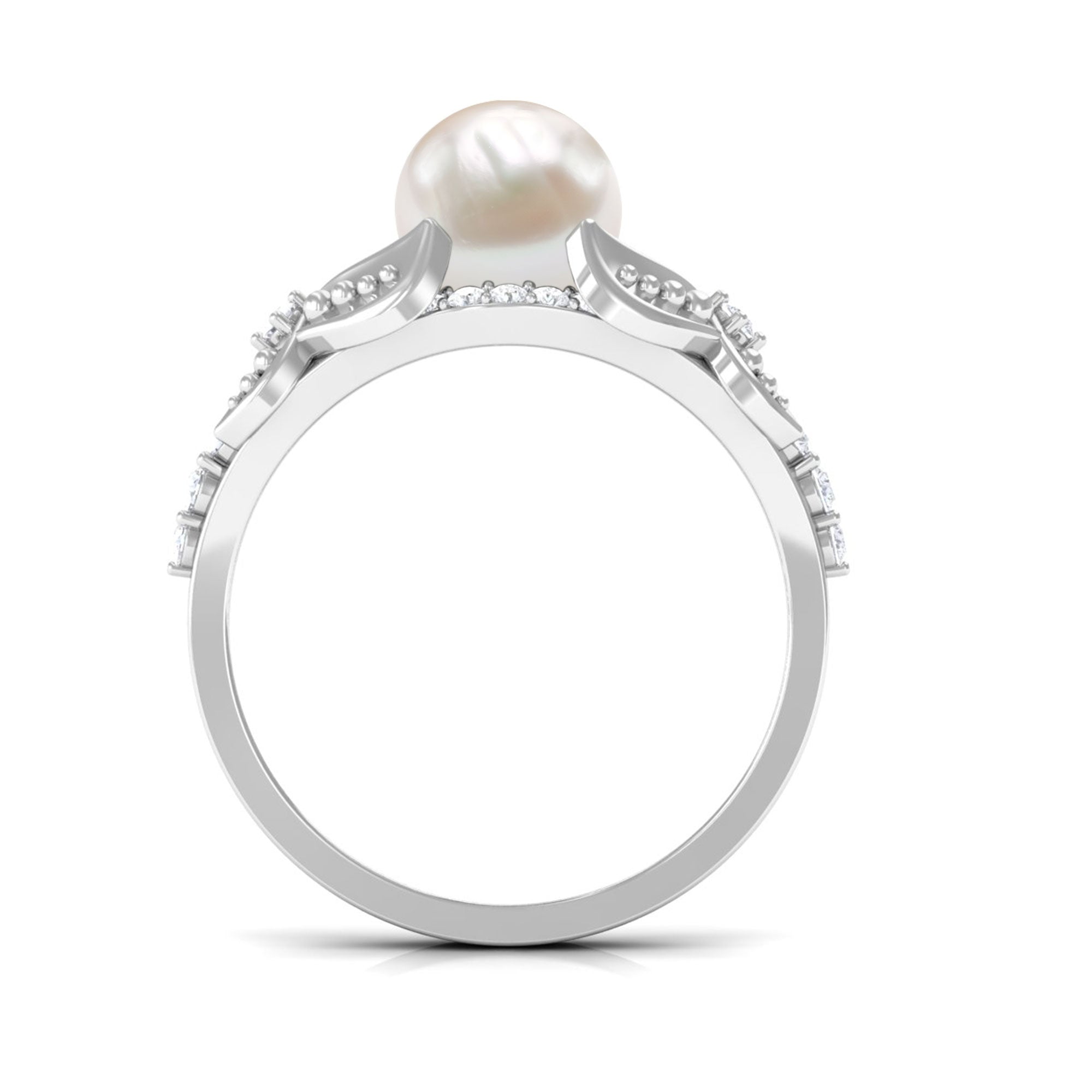 Split Shank Freshwater Pearl Solitaire Engagement Ring with Diamond Freshwater Pearl - ( AAA ) - Quality - Rosec Jewels