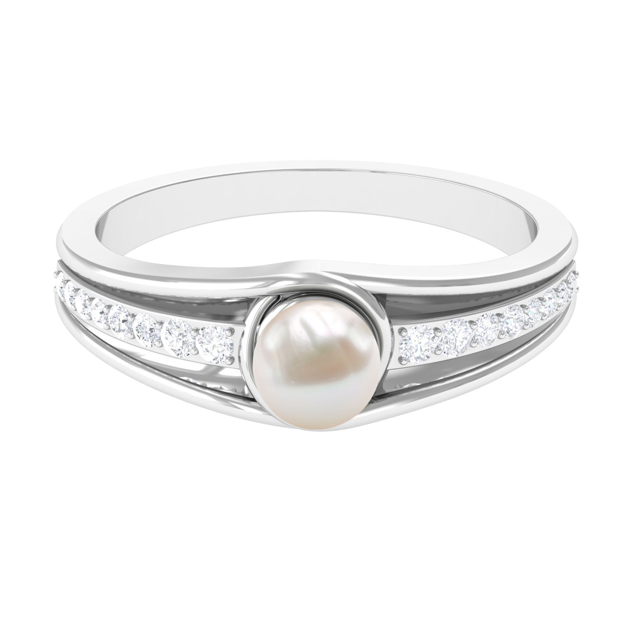 Freshwater Pearl Engagement Ring with Diamond Side Stones Freshwater Pearl - ( AAA ) - Quality - Rosec Jewels