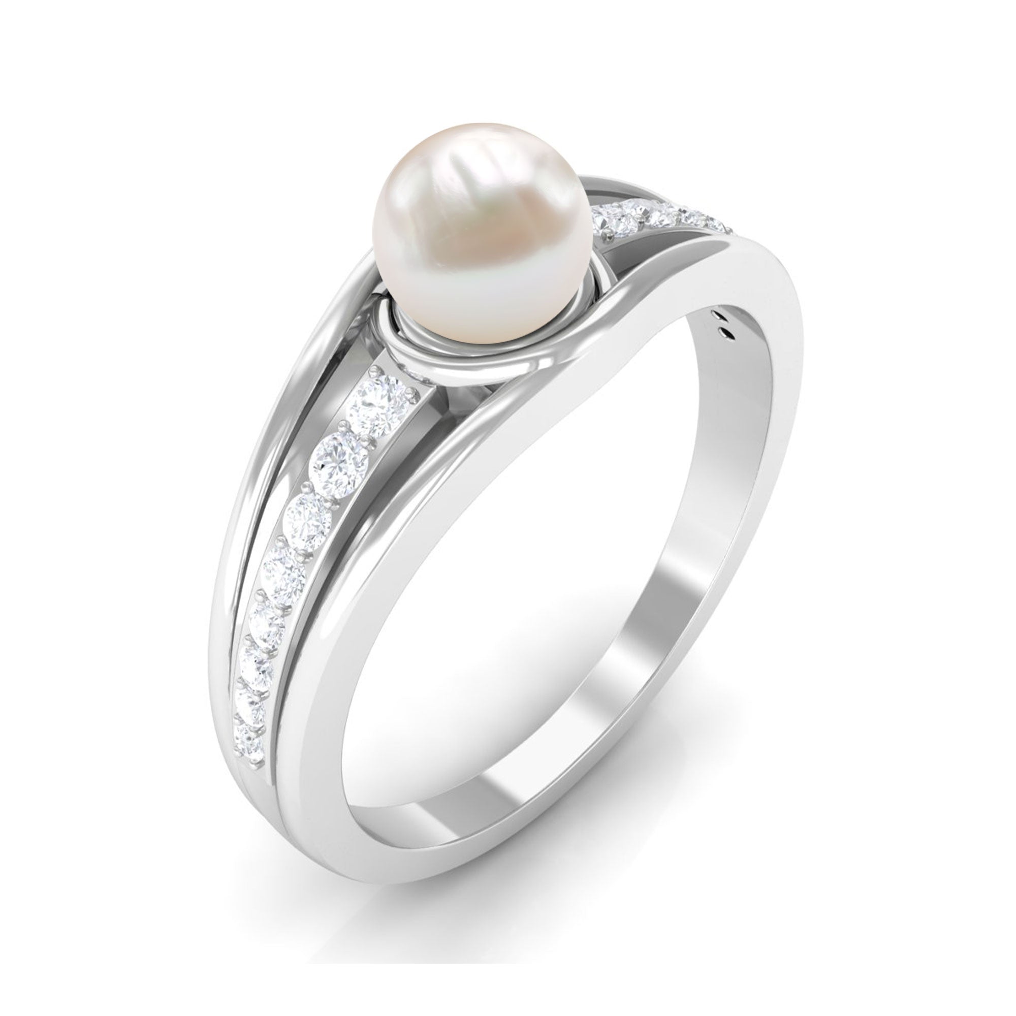 Freshwater Pearl Engagement Ring with Diamond Side Stones Freshwater Pearl - ( AAA ) - Quality - Rosec Jewels