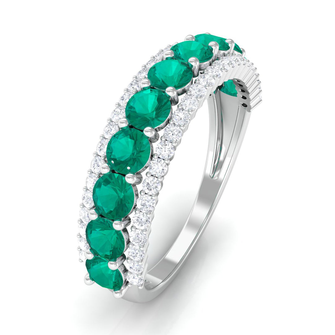 1 CT Round Emerald Classic Half Eternity Band Ring with Diamond Accent Emerald - ( AAA ) - Quality - Rosec Jewels