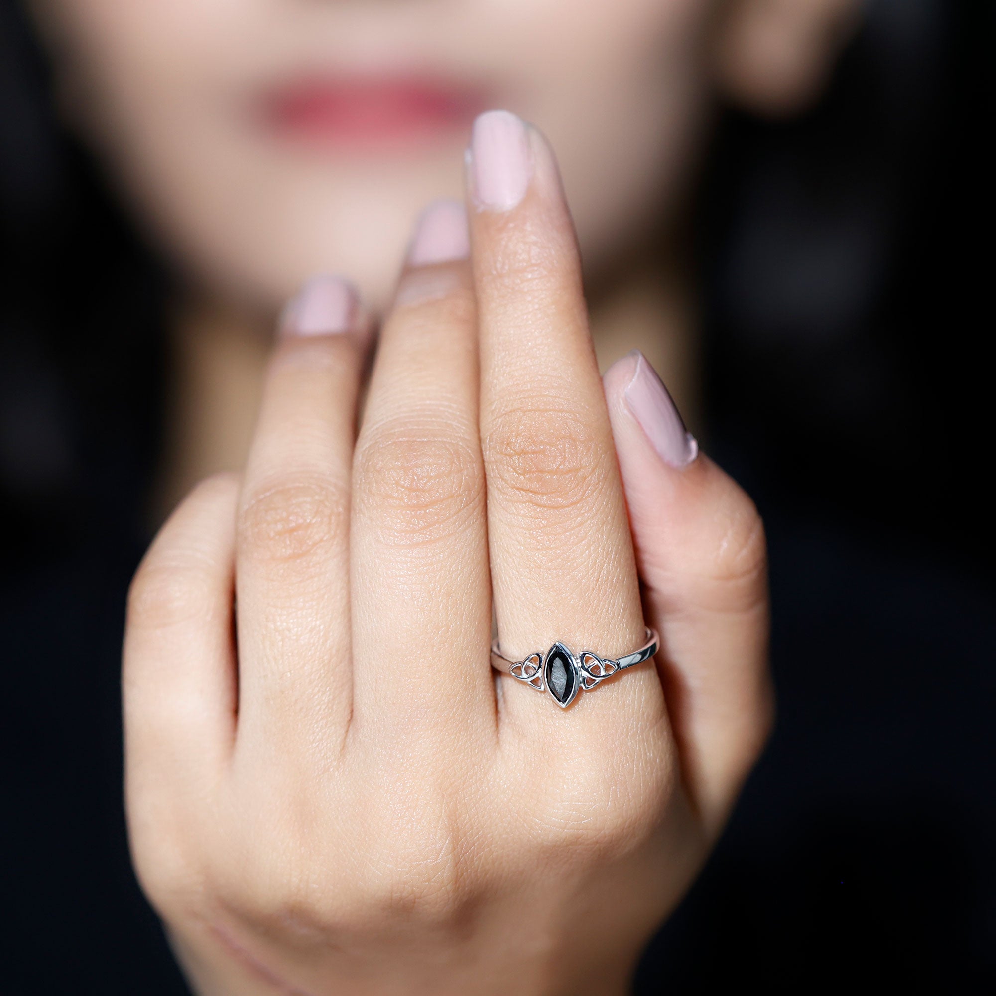 Marquise Cut Black Diamond Solitaire Celtic Ring in Bezel Setting Black Diamond - ( AAA ) - Quality - Rosec Jewels