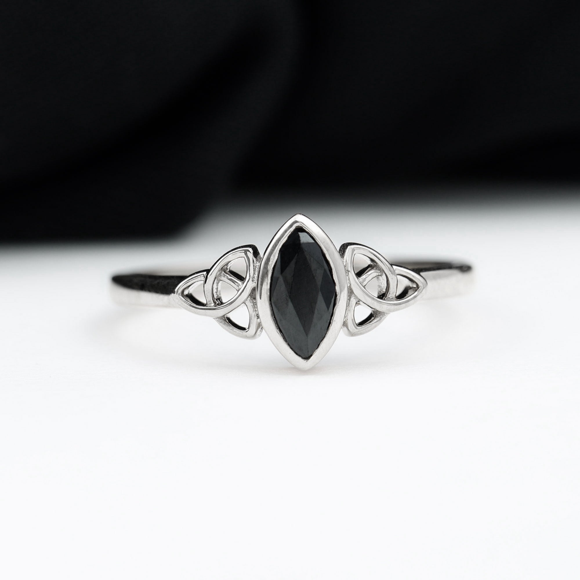 Marquise Cut Black Diamond Solitaire Celtic Ring in Bezel Setting Black Diamond - ( AAA ) - Quality - Rosec Jewels