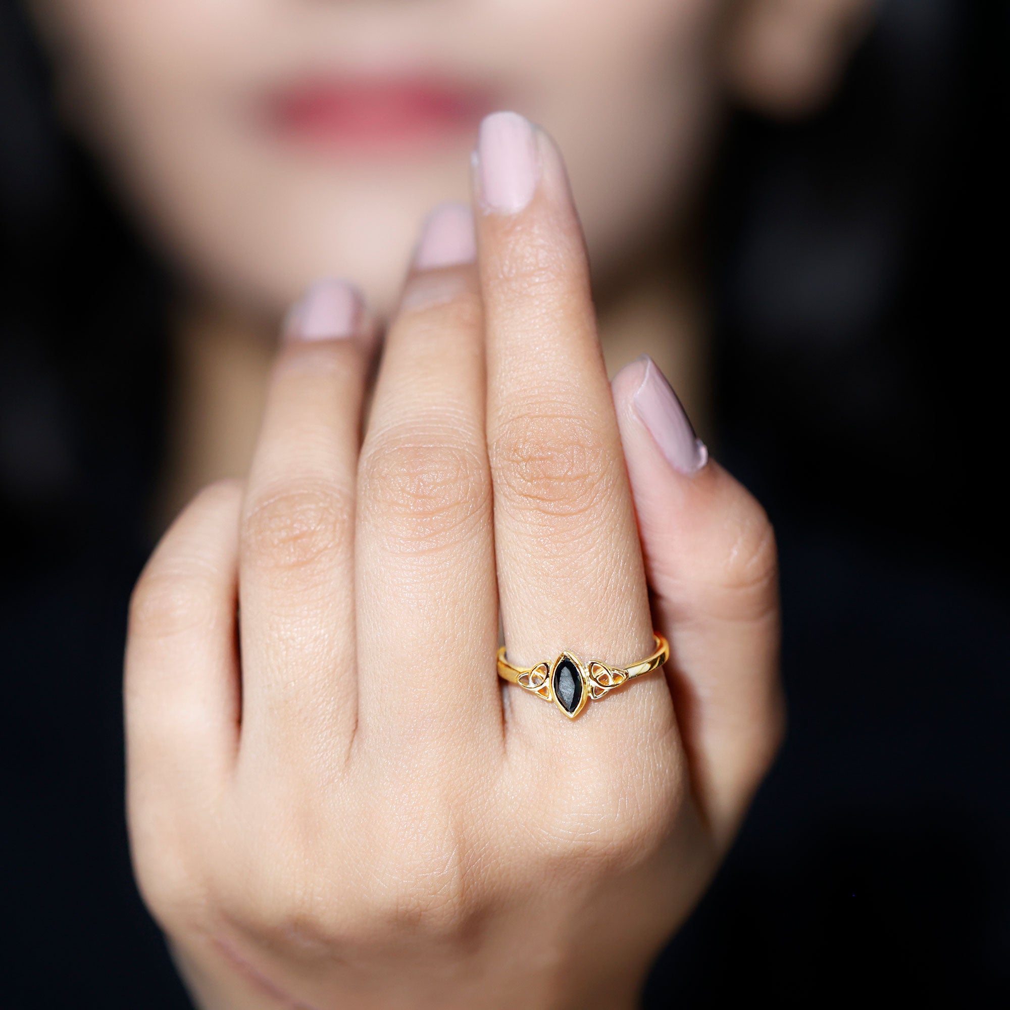 Marquise Cut Black Diamond Solitaire Celtic Ring in Bezel Setting Black Diamond - ( AAA ) - Quality - Rosec Jewels