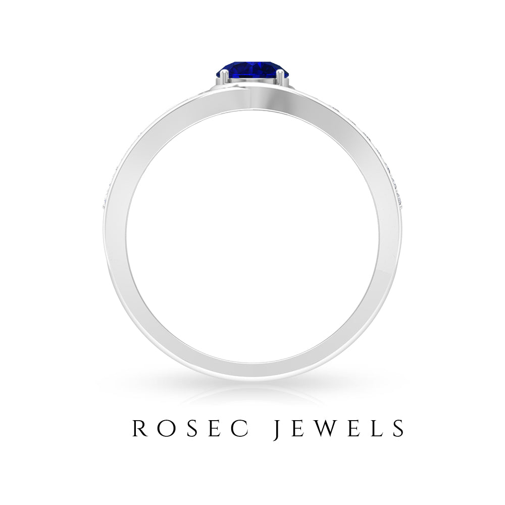 1 CT Created Blue Sapphire and Diamond Classic Engagement Ring Lab Created Blue Sapphire - ( AAAA ) - Quality - Rosec Jewels