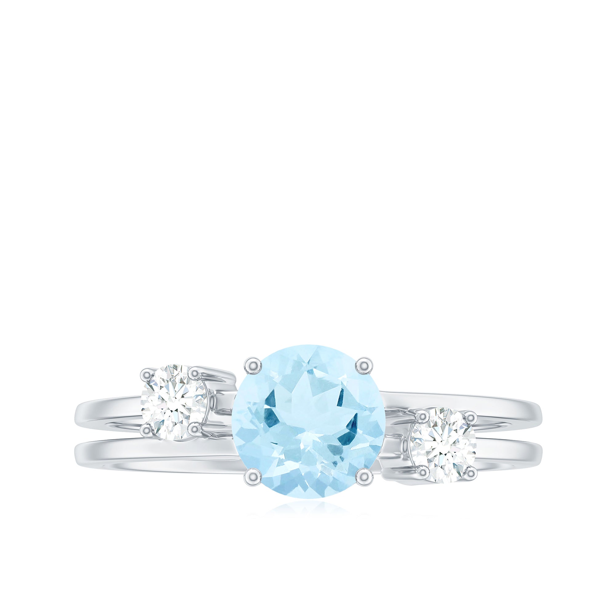 Double Band Engagement Ring with Aquamarine and Diamond Aquamarine - ( AAA ) - Quality - Rosec Jewels