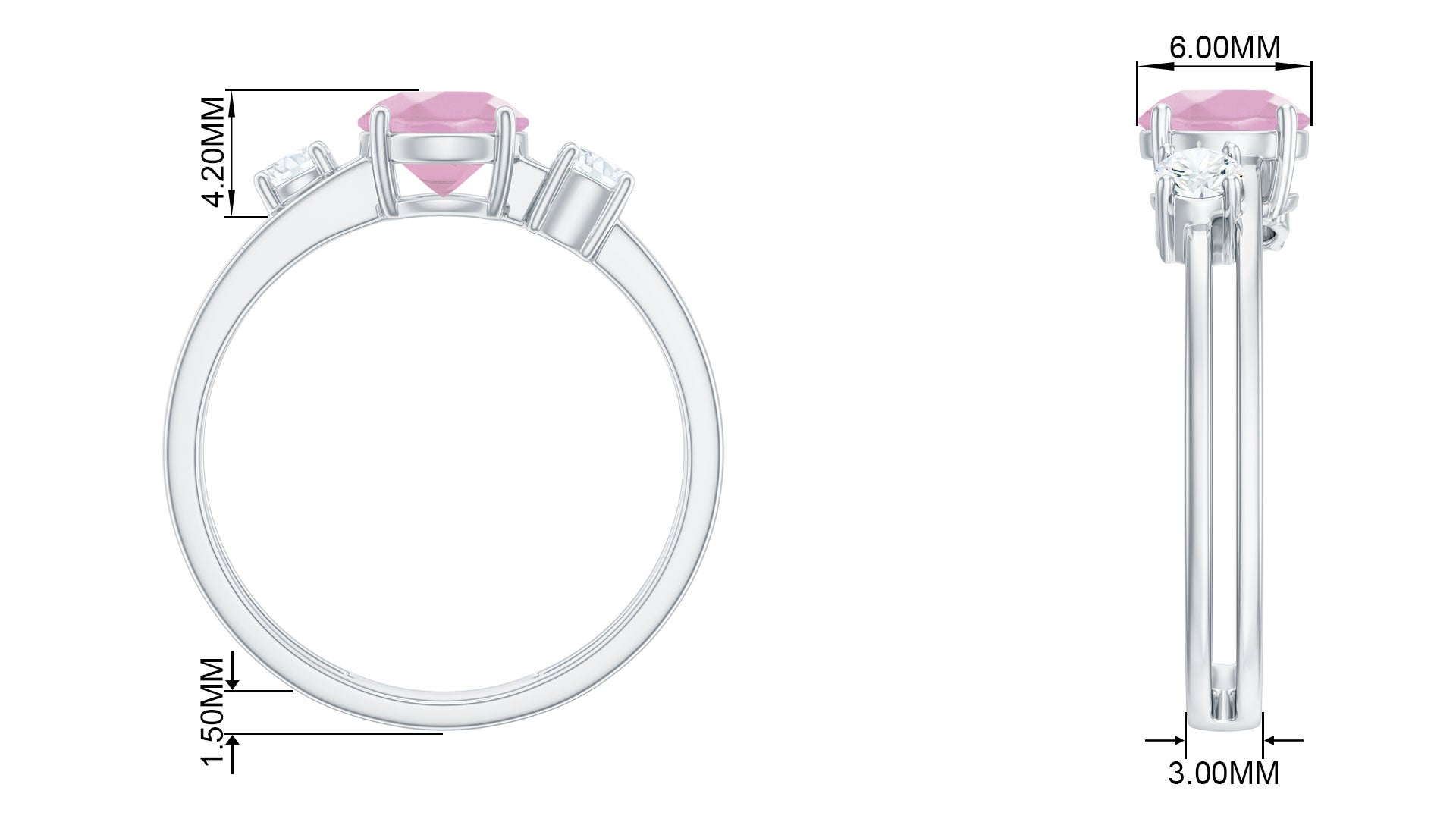 Rose Quartz Solitaire Double Band Ring with Diamond Stones Rose Quartz - ( AAA ) - Quality - Rosec Jewels