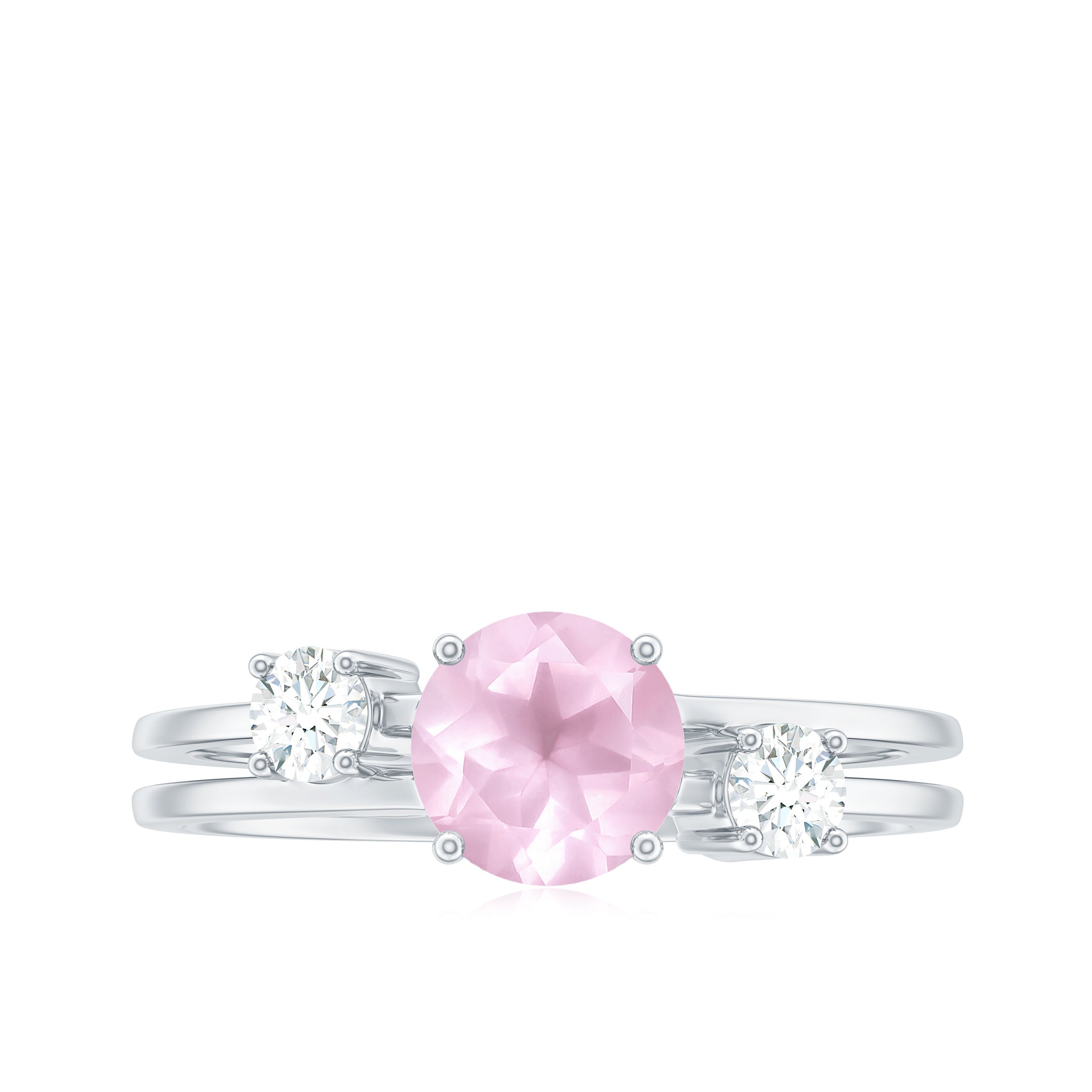 Rose Quartz Solitaire Double Band Ring with Diamond Stones Rose Quartz - ( AAA ) - Quality - Rosec Jewels