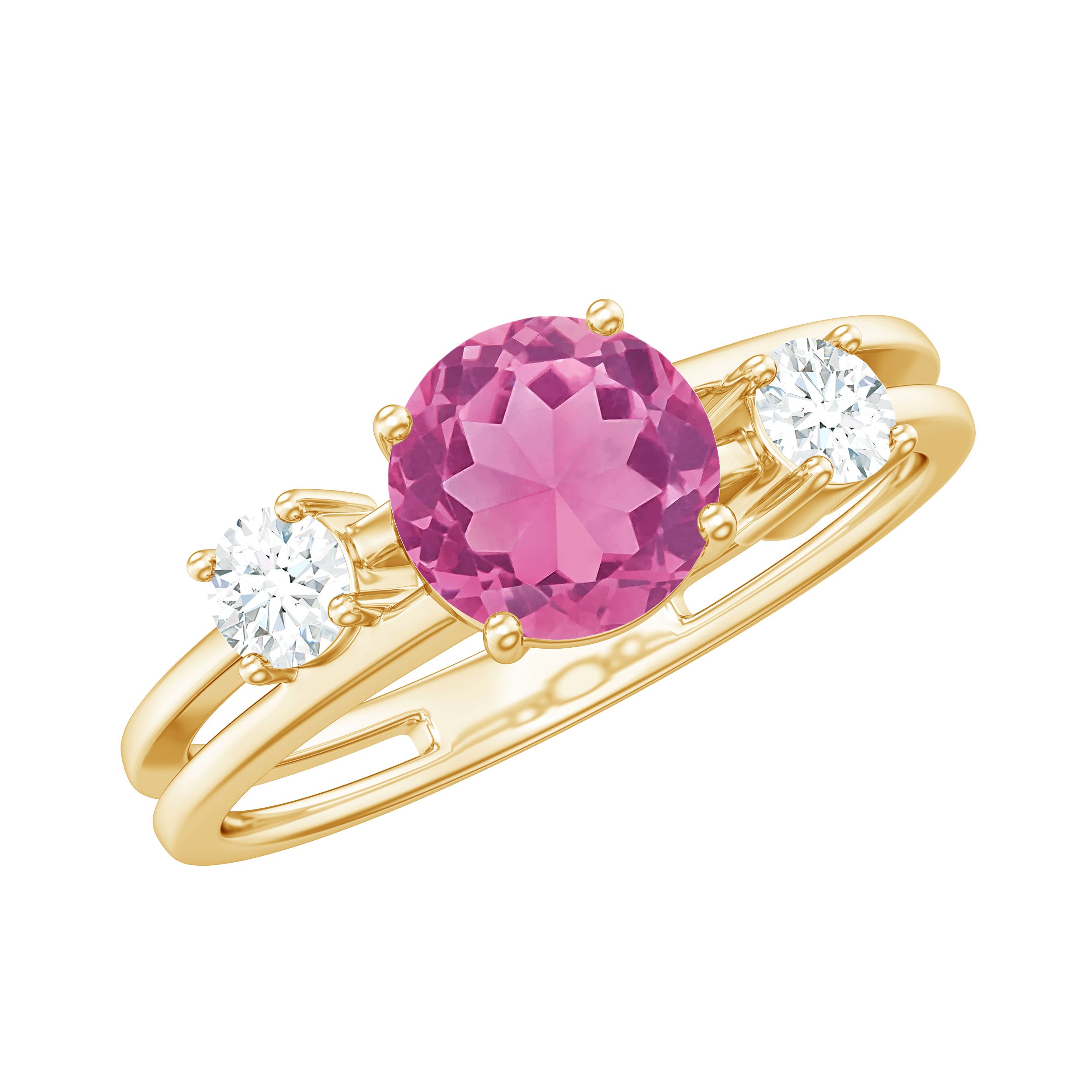 1 CT Genuine Pink Tourmaline Solitaire Double Band Ring with Diamond Pink Tourmaline - ( AAA ) - Quality - Rosec Jewels