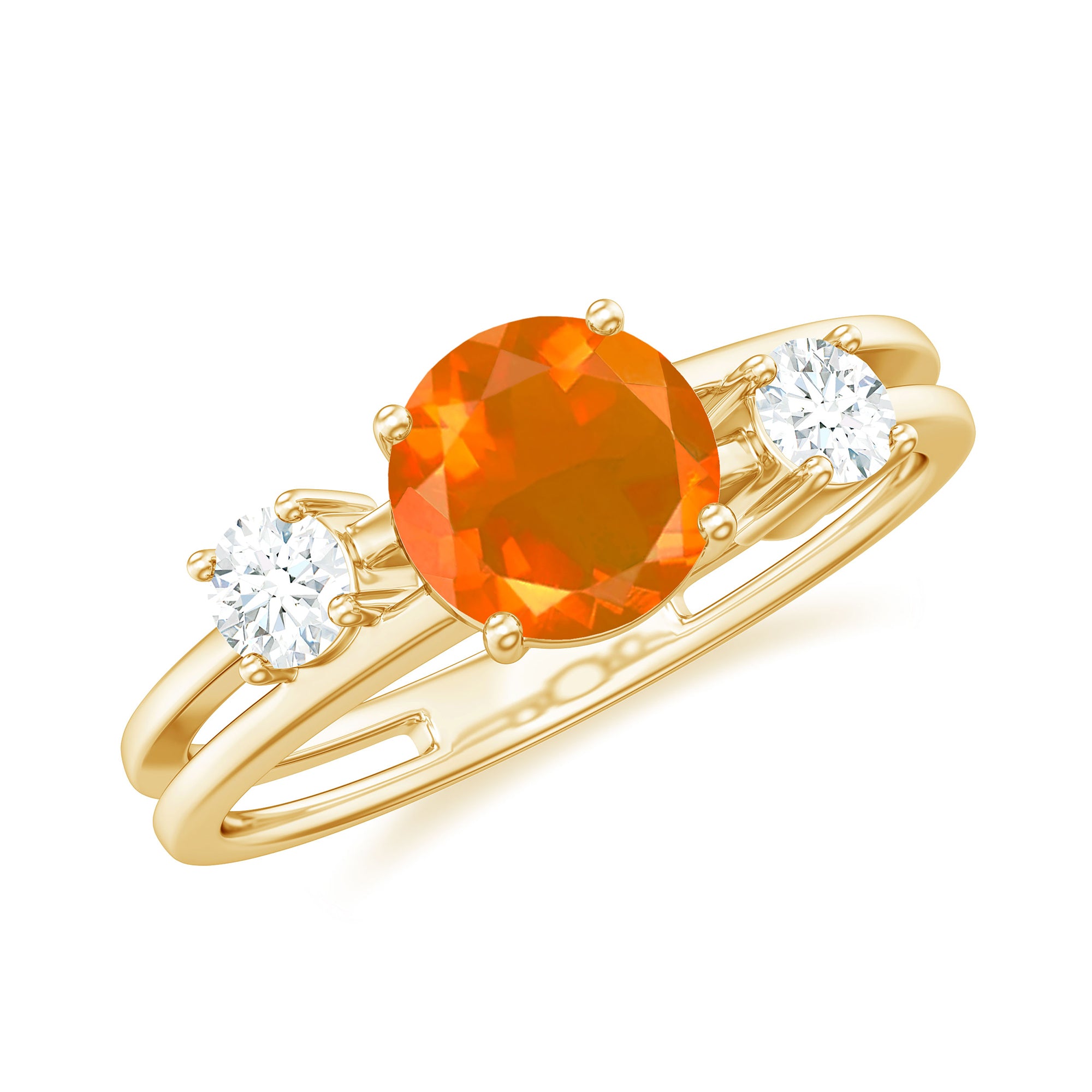 Double Band Engagement Ring with Fire Opal and Diamond Fire Opal - ( AAA ) - Quality - Rosec Jewels