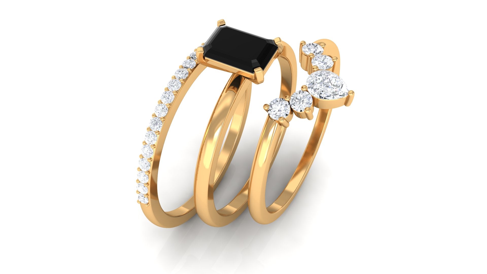 Solitaire Black Onyx and Moissanite Three Ring Set Black Onyx - ( AAA ) - Quality - Rosec Jewels