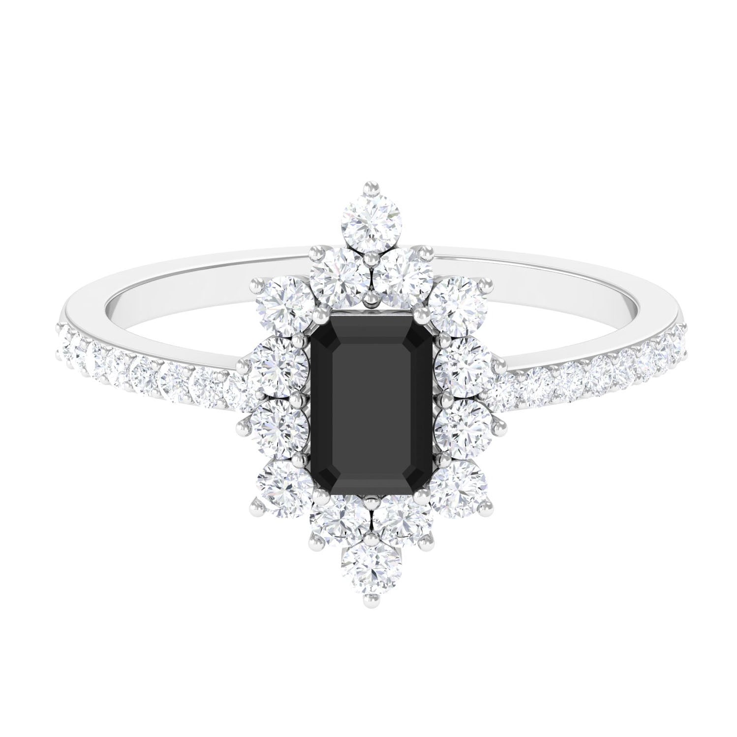 Emerald Cut Created Black Diamond Halo Engagement Ring with Diamond Lab Created Black Diamond - ( AAAA ) - Quality - Rosec Jewels