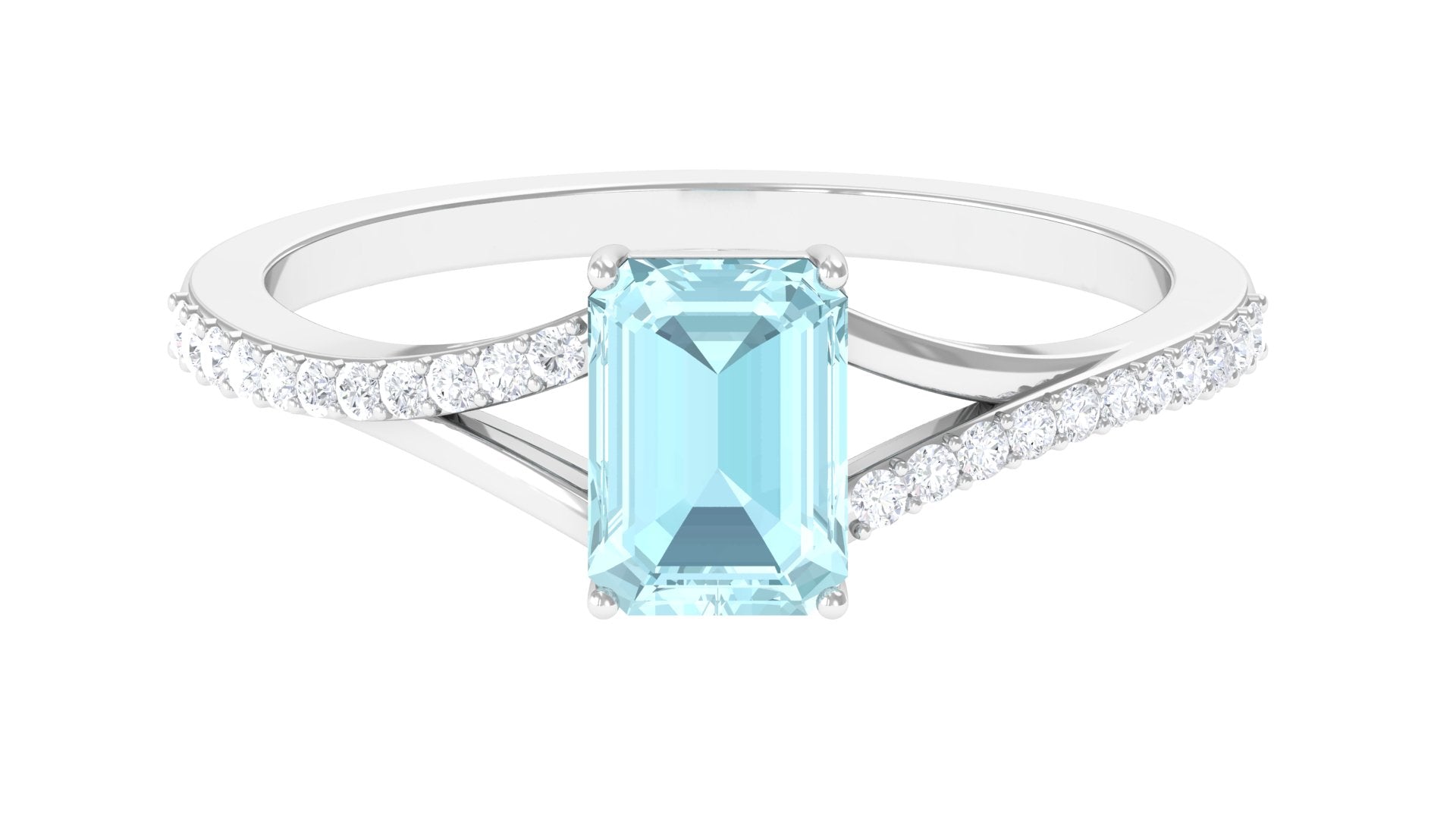 Split Shank Emerald Cut Shape Solitaire Sky Blue Topaz and Diamond Ring Sky Blue Topaz - ( AAA ) - Quality - Rosec Jewels