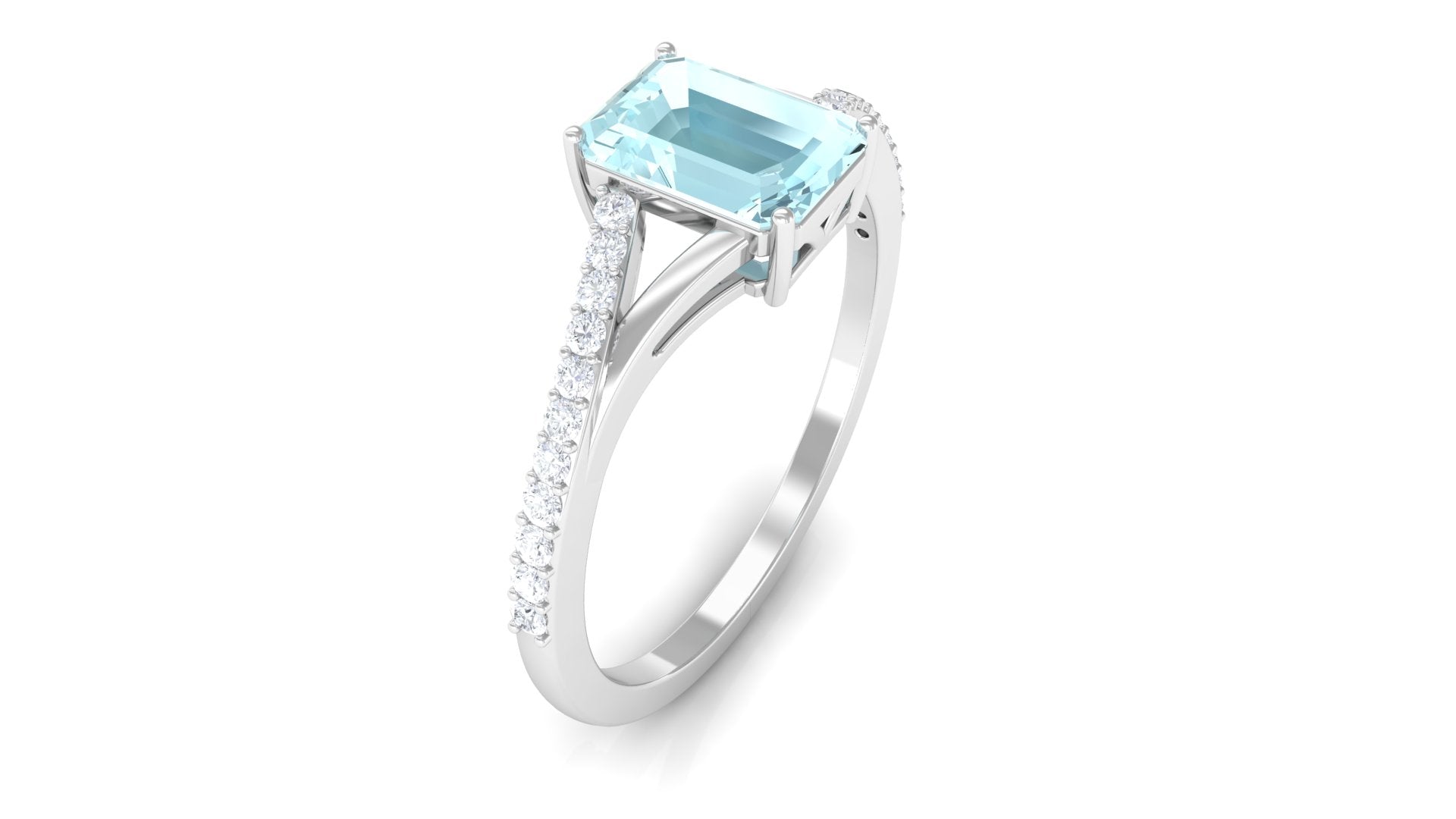 Split Shank Emerald Cut Shape Solitaire Sky Blue Topaz and Diamond Ring Sky Blue Topaz - ( AAA ) - Quality - Rosec Jewels