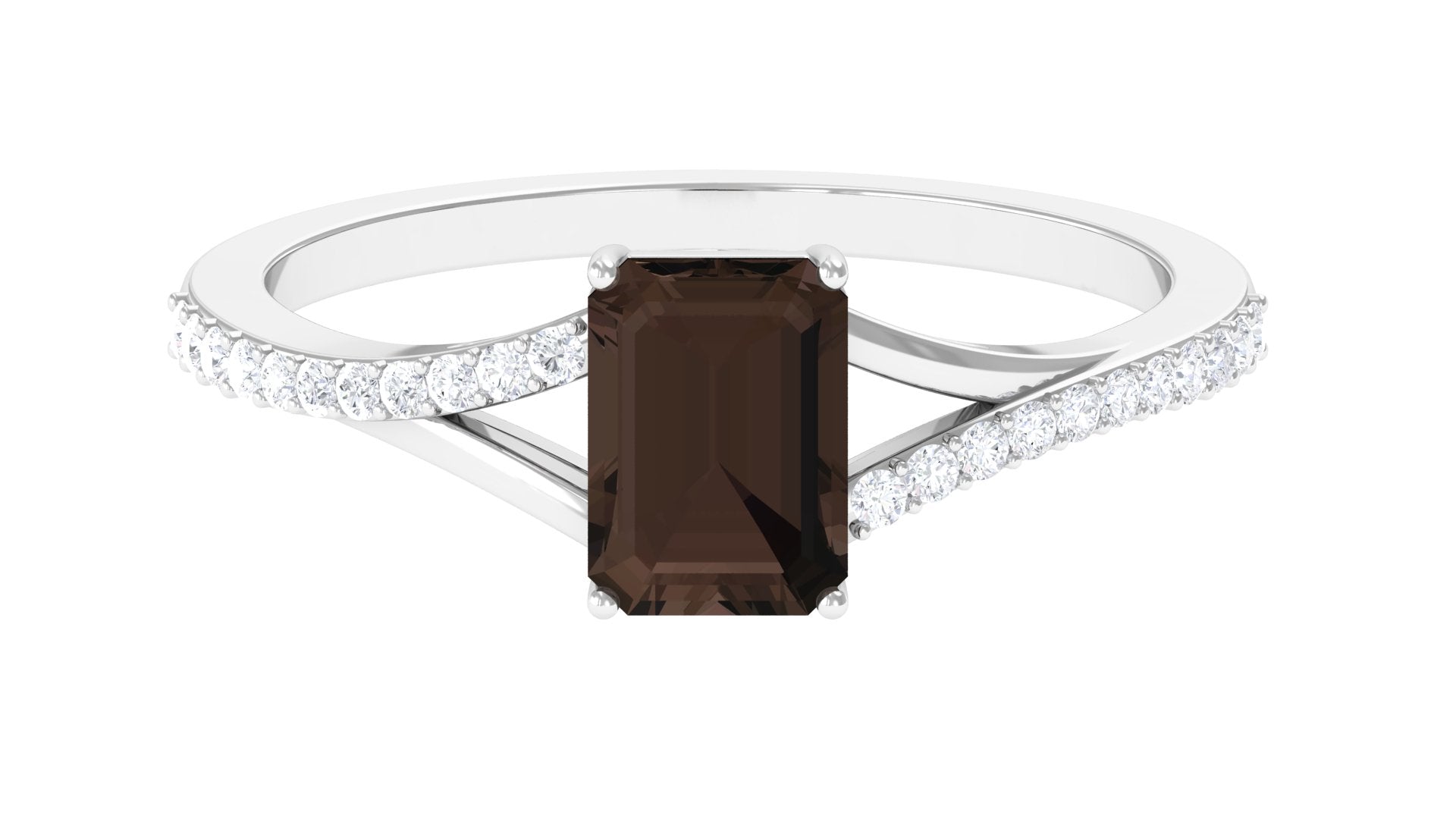 Octagon Cut Smoky Quartz Solitaire Split Shank Ring with Diamond Smoky Quartz - ( AAA ) - Quality - Rosec Jewels