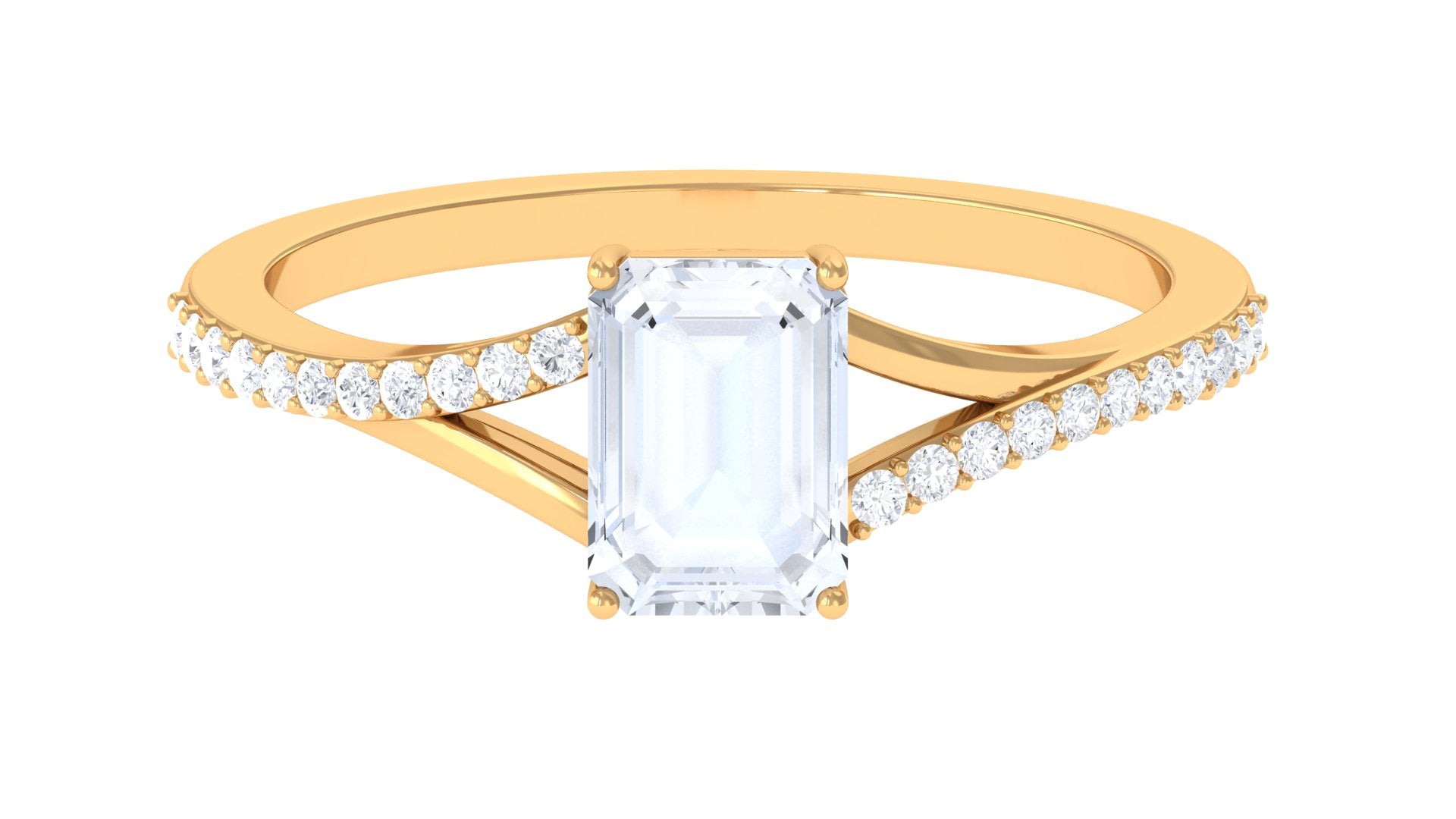 Split Shank Emerald Cut Solitaire Moonstone and Diamond Ring Moonstone - ( AAA ) - Quality - Rosec Jewels