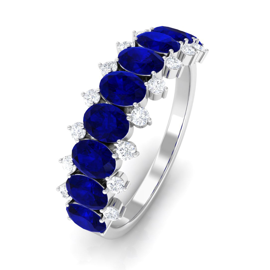 Oval Cut Blue Sapphire and Diamond Half Eternity Ring Blue Sapphire - ( AAA ) - Quality - Rosec Jewels