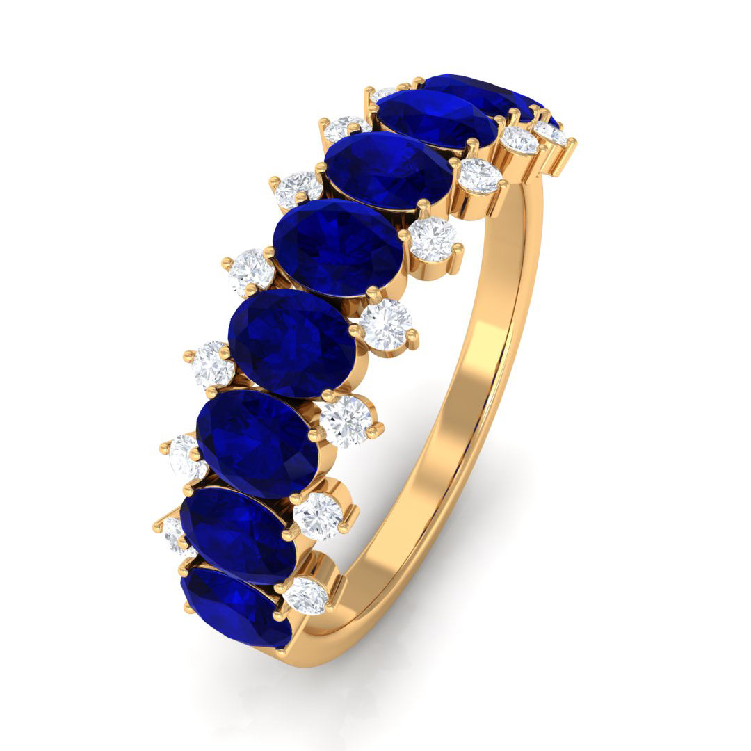 Oval Cut Blue Sapphire and Diamond Half Eternity Ring Blue Sapphire - ( AAA ) - Quality - Rosec Jewels