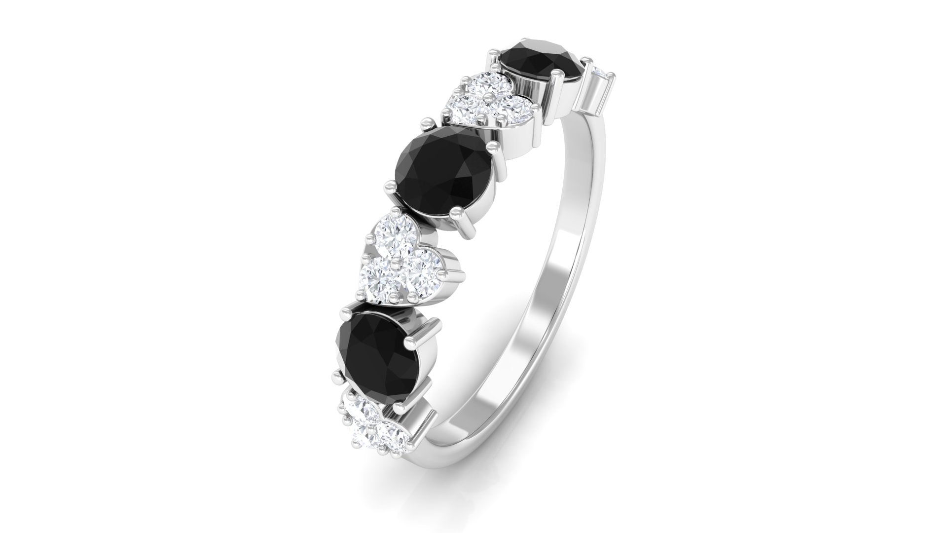 Black Onyx and Diamond Heart Shape Half Eternity Ring Black Onyx - ( AAA ) - Quality - Rosec Jewels