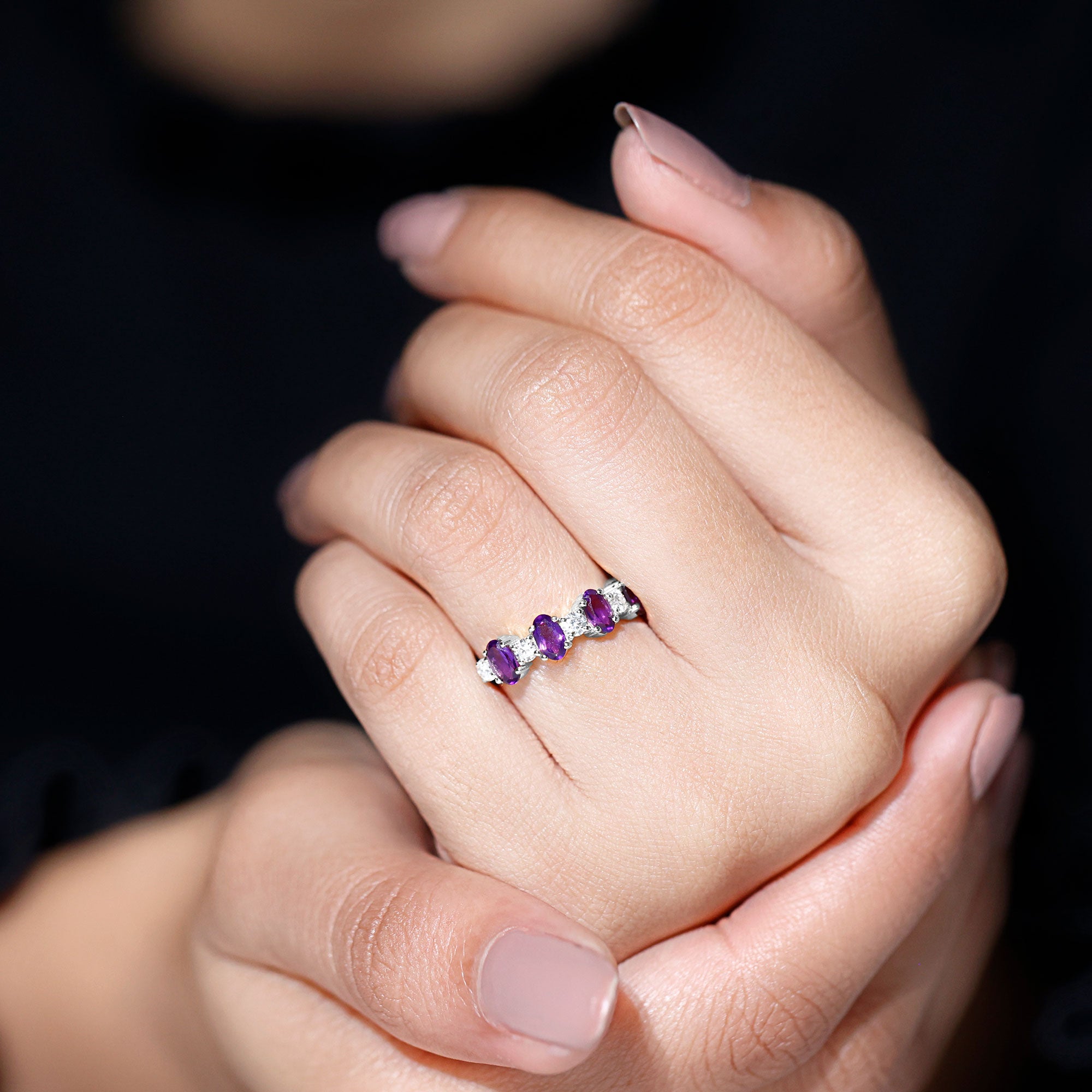 Oval Amethyst and Diamond Alternate Half Eternity Ring Amethyst - ( AAA ) - Quality - Rosec Jewels