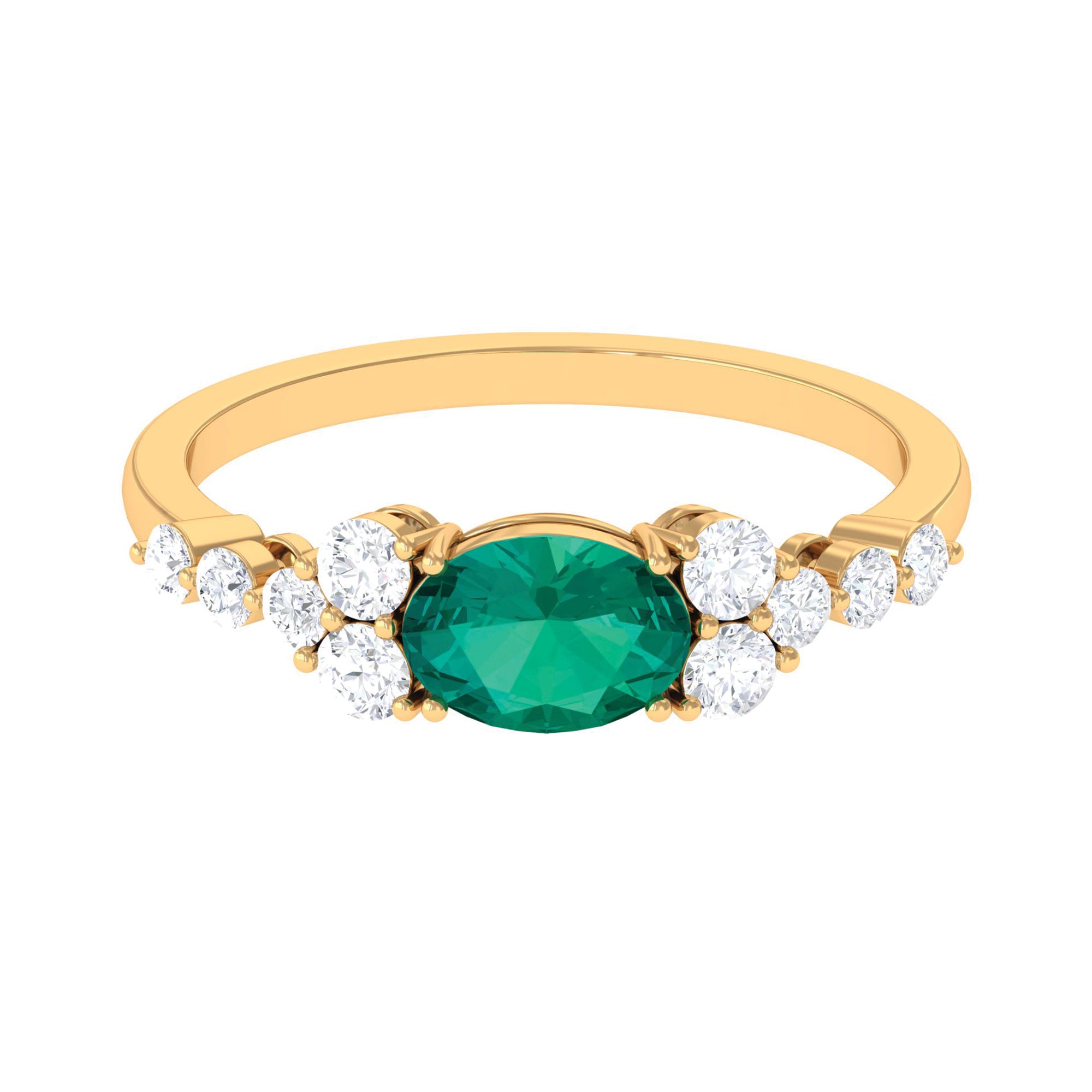 Emerald Solitaire East West Ring with Diamond Side Stones Emerald - ( AAA ) - Quality - Rosec Jewels