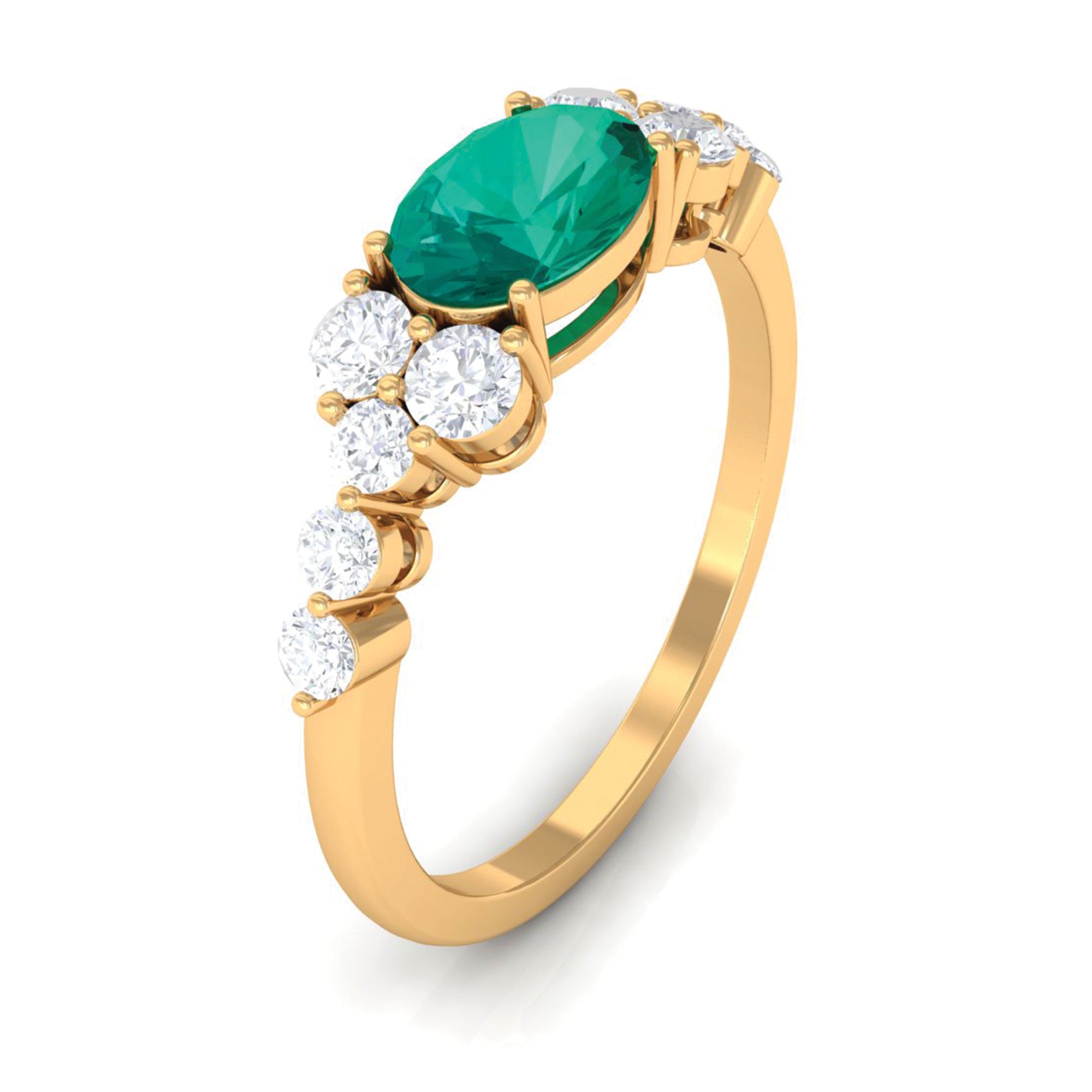 Emerald Solitaire East West Ring with Diamond Side Stones Emerald - ( AAA ) - Quality - Rosec Jewels