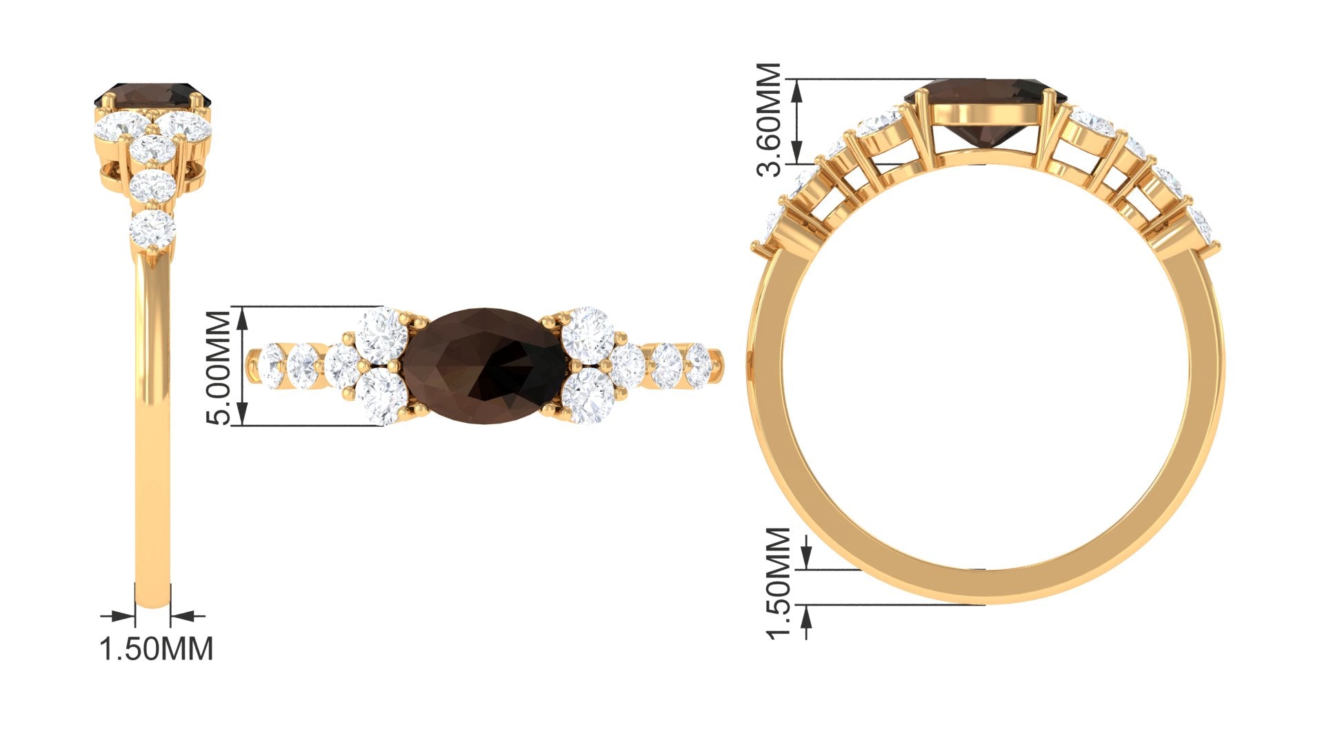 Solitaire Smoky Quartz East West Ring with Diamond Side Stones Smoky Quartz - ( AAA ) - Quality - Rosec Jewels