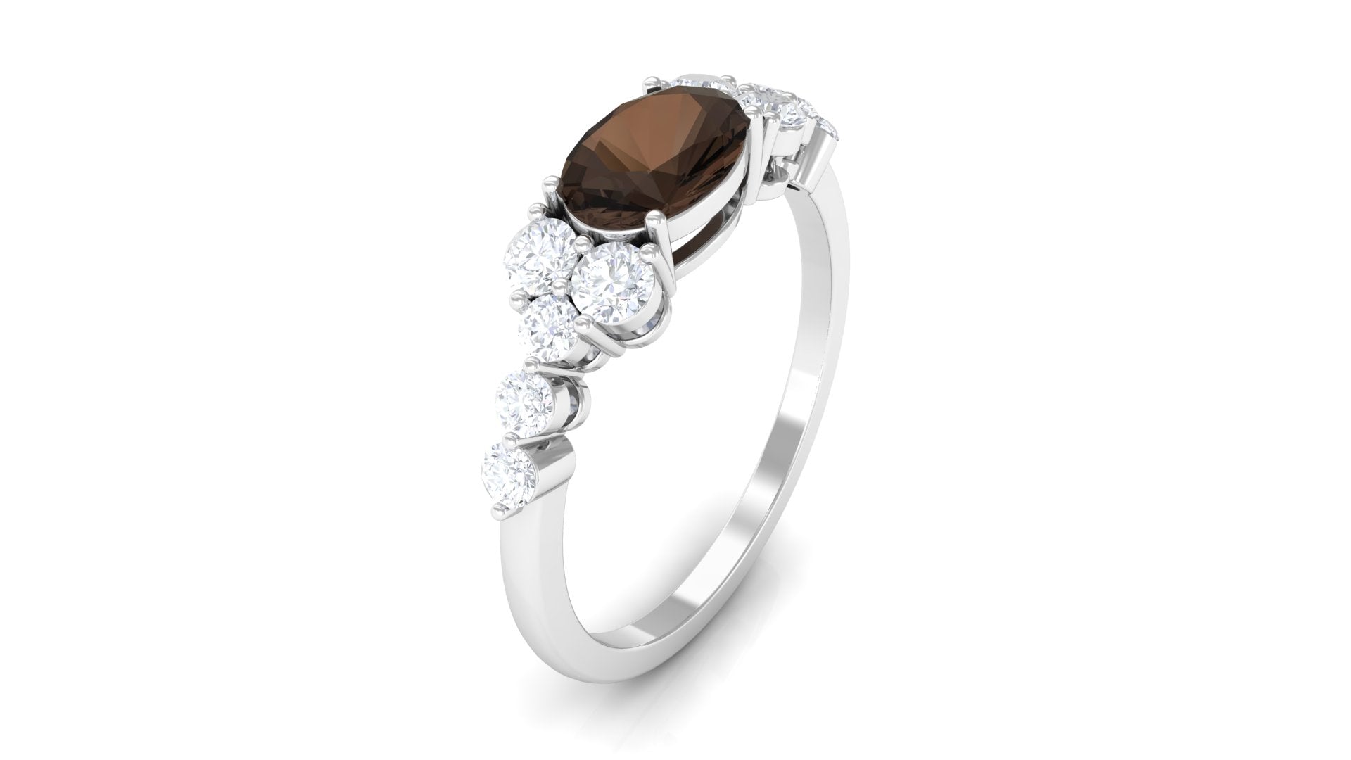 Solitaire Smoky Quartz East West Ring with Diamond Side Stones Smoky Quartz - ( AAA ) - Quality - Rosec Jewels