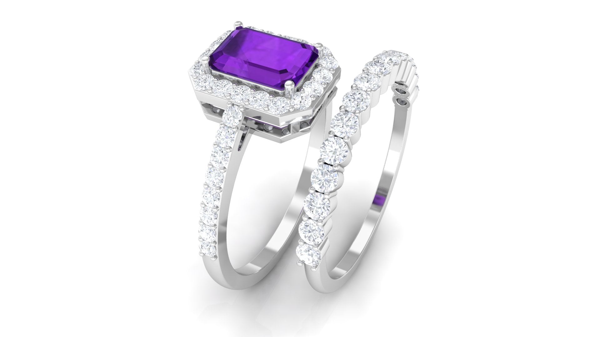 Emerald Cut Amethyst and Moissanite Stackable Ring Set Amethyst - ( AAA ) - Quality - Rosec Jewels