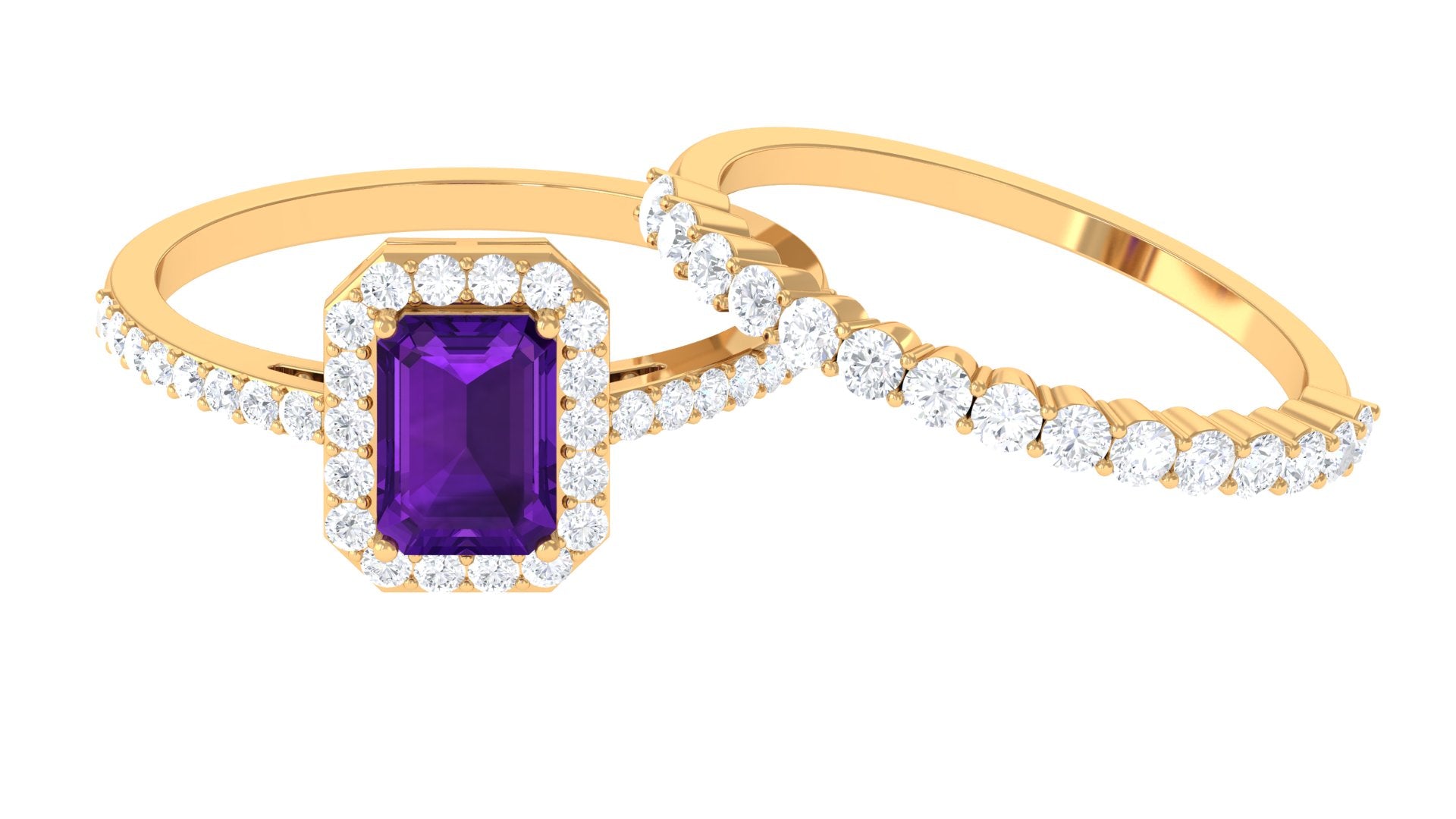 Emerald Cut Amethyst and Moissanite Stackable Ring Set Amethyst - ( AAA ) - Quality - Rosec Jewels