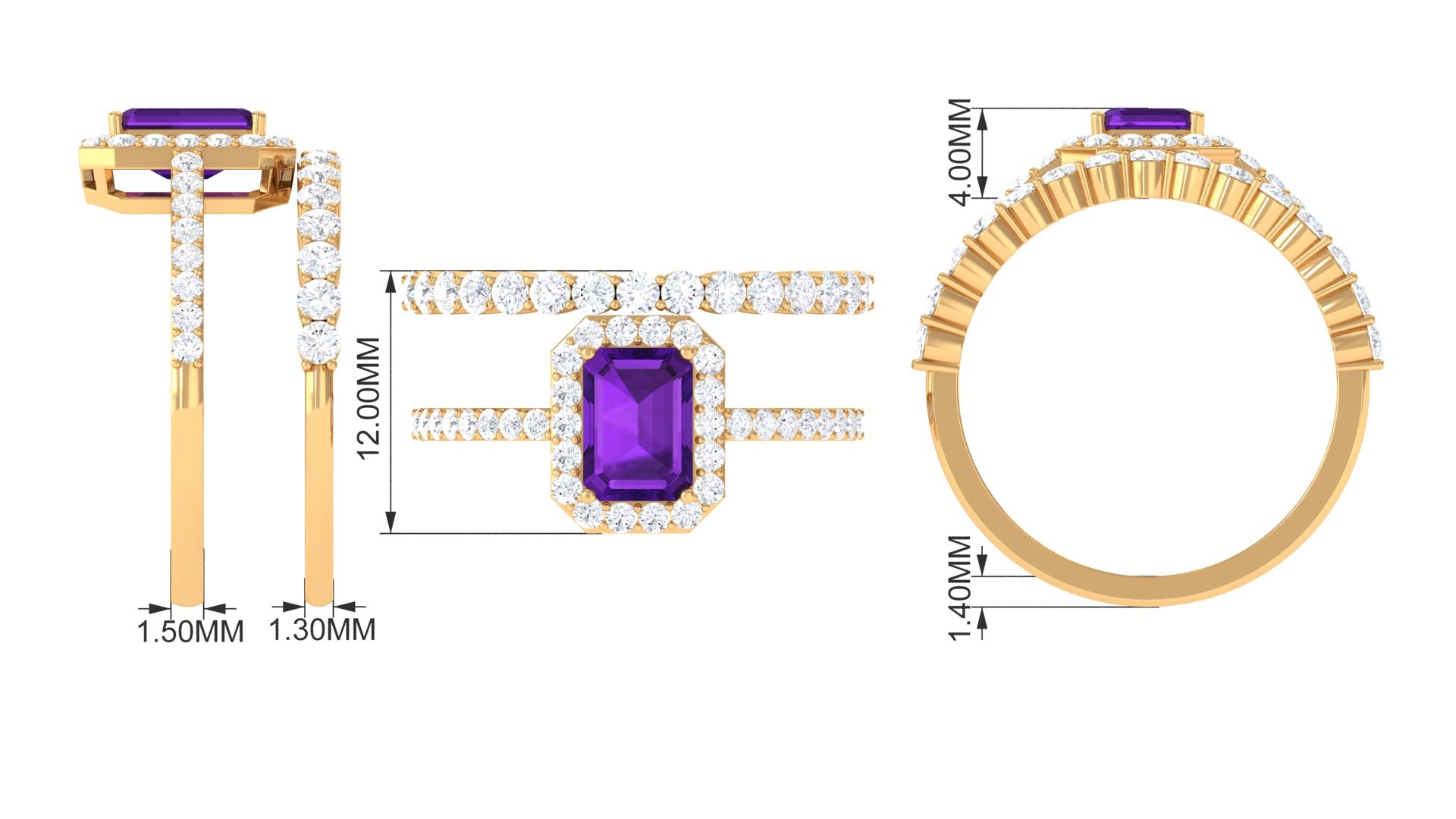 Emerald Cut Amethyst and Moissanite Stackable Ring Set Amethyst - ( AAA ) - Quality - Rosec Jewels