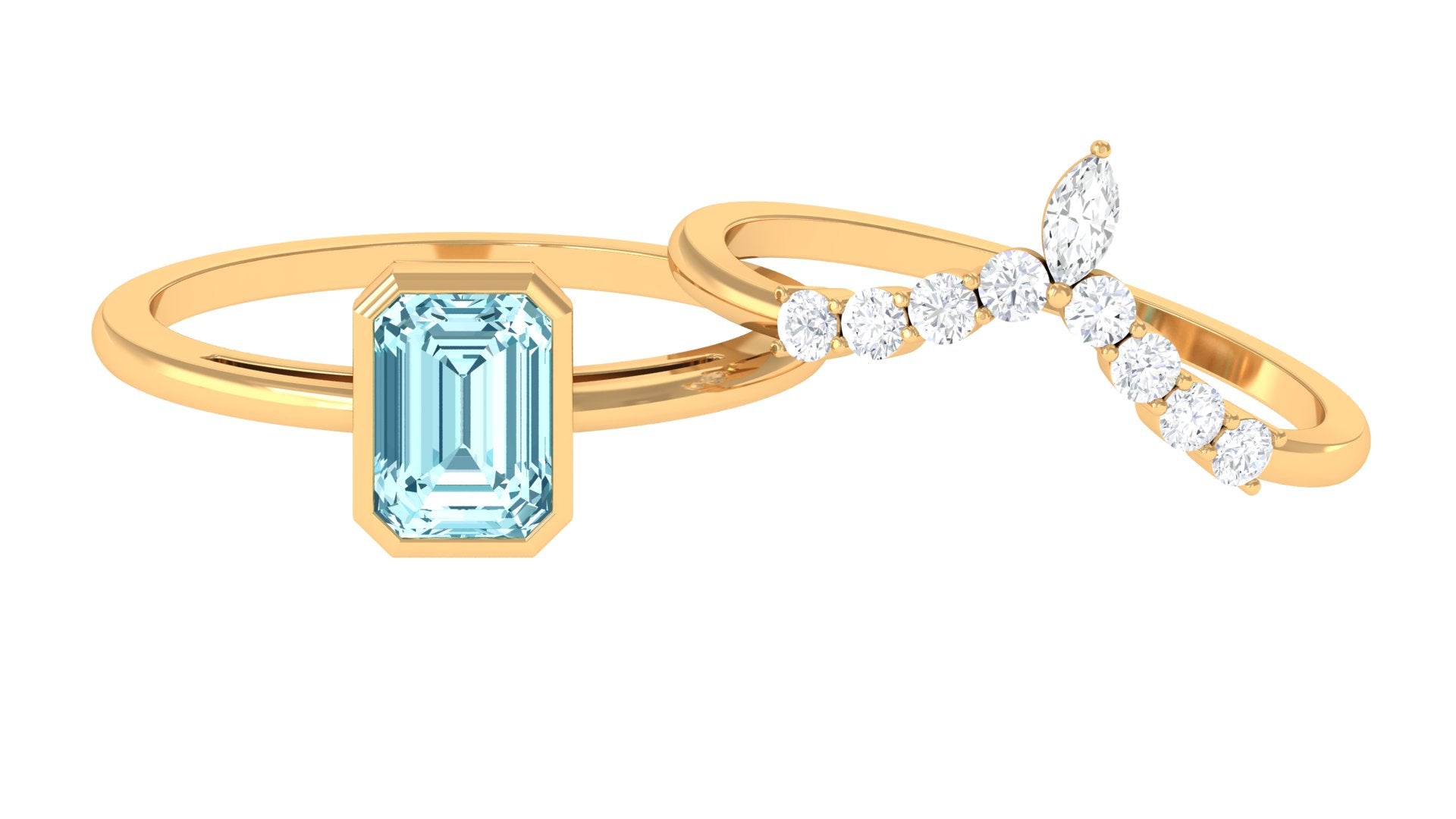 Natural Aquamarine Solitaire Ring Set with Diamond Aquamarine - ( AAA ) - Quality - Rosec Jewels