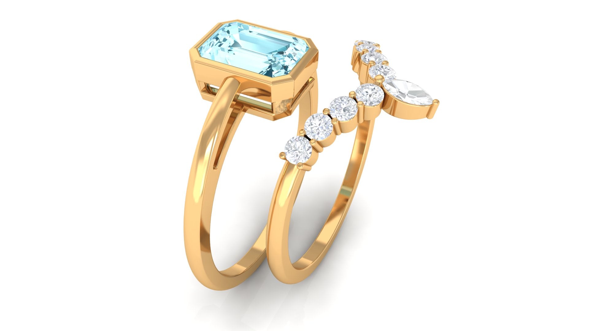 Natural Aquamarine Solitaire Ring Set with Diamond Aquamarine - ( AAA ) - Quality - Rosec Jewels