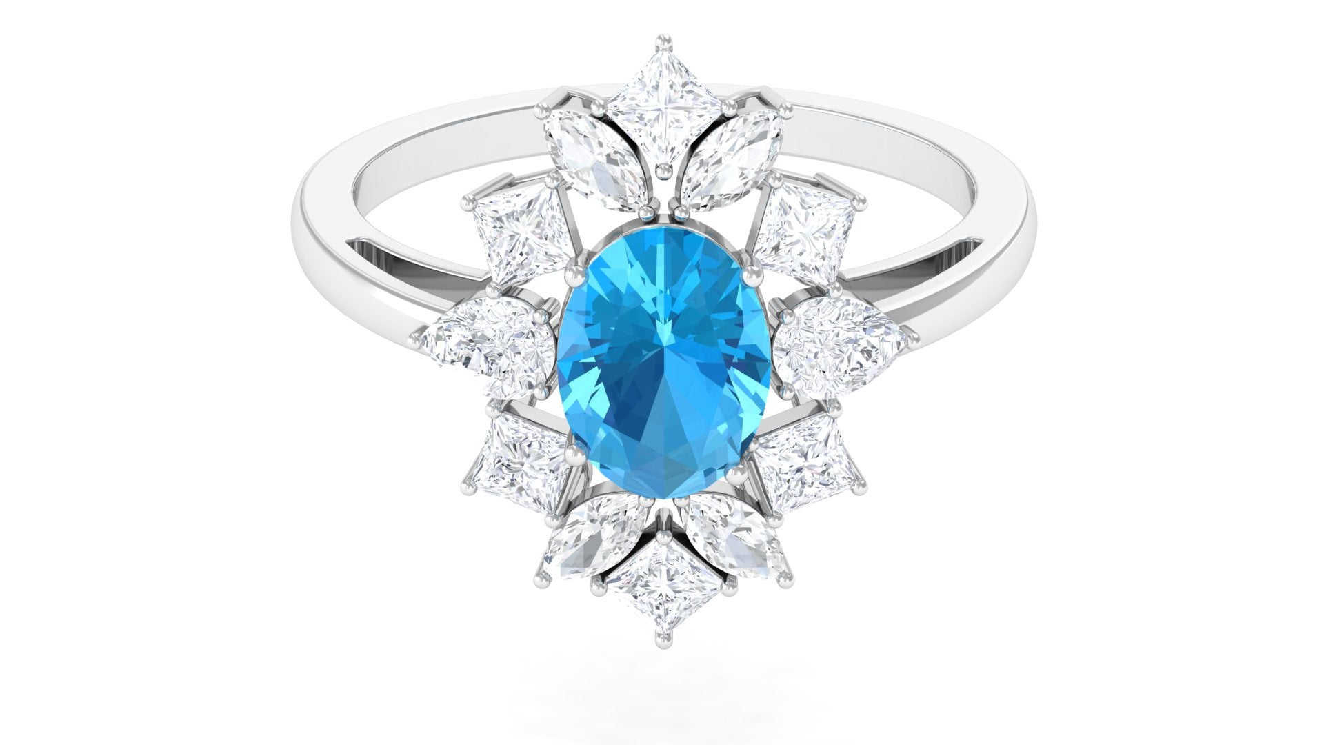 Oval Cut Swiss Blue Topaz Cocktail Ring with Moissanite Stones Swiss Blue Topaz - ( AAA ) - Quality - Rosec Jewels