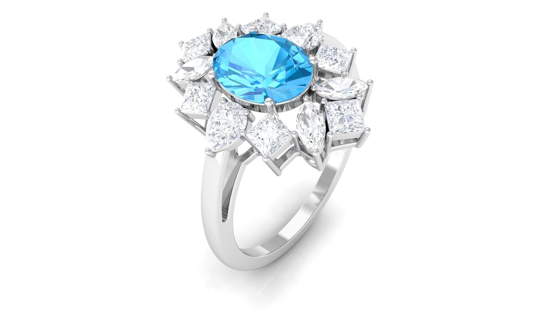 Oval Cut Swiss Blue Topaz Cocktail Ring with Moissanite Stones Swiss Blue Topaz - ( AAA ) - Quality - Rosec Jewels