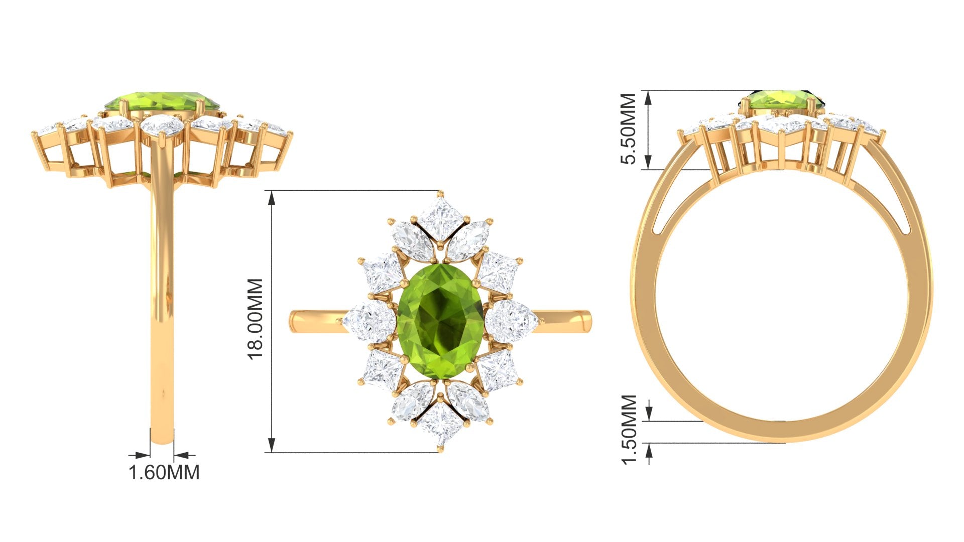 2.25 CT Natural Peridot Cocktail Ring with Moissanite Stones Peridot - ( AAA ) - Quality - Rosec Jewels