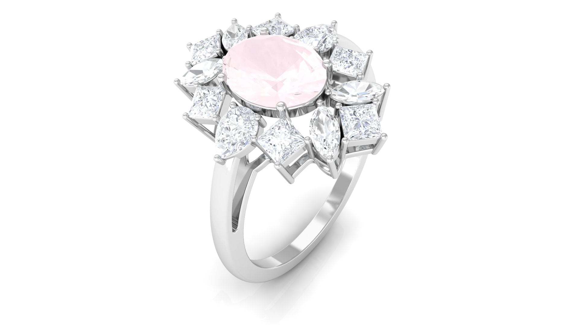 Oval Cut Rose Quartz Cocktail Ring with Moissanite Stones Rose Quartz - ( AAA ) - Quality - Rosec Jewels