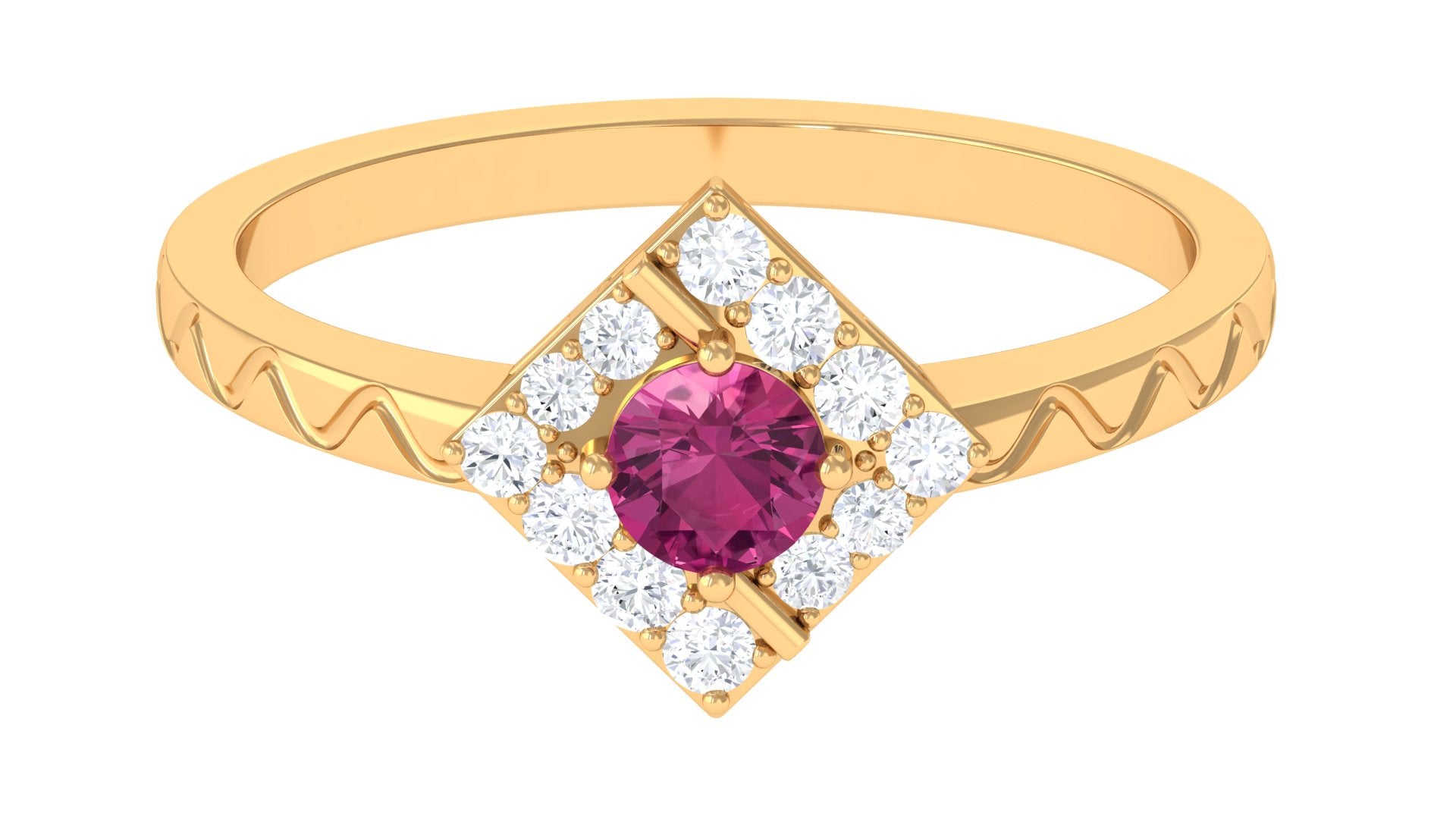 Minimal Pink Tourmaline Textured Ring with Diamond Pink Tourmaline - ( AAA ) - Quality - Rosec Jewels