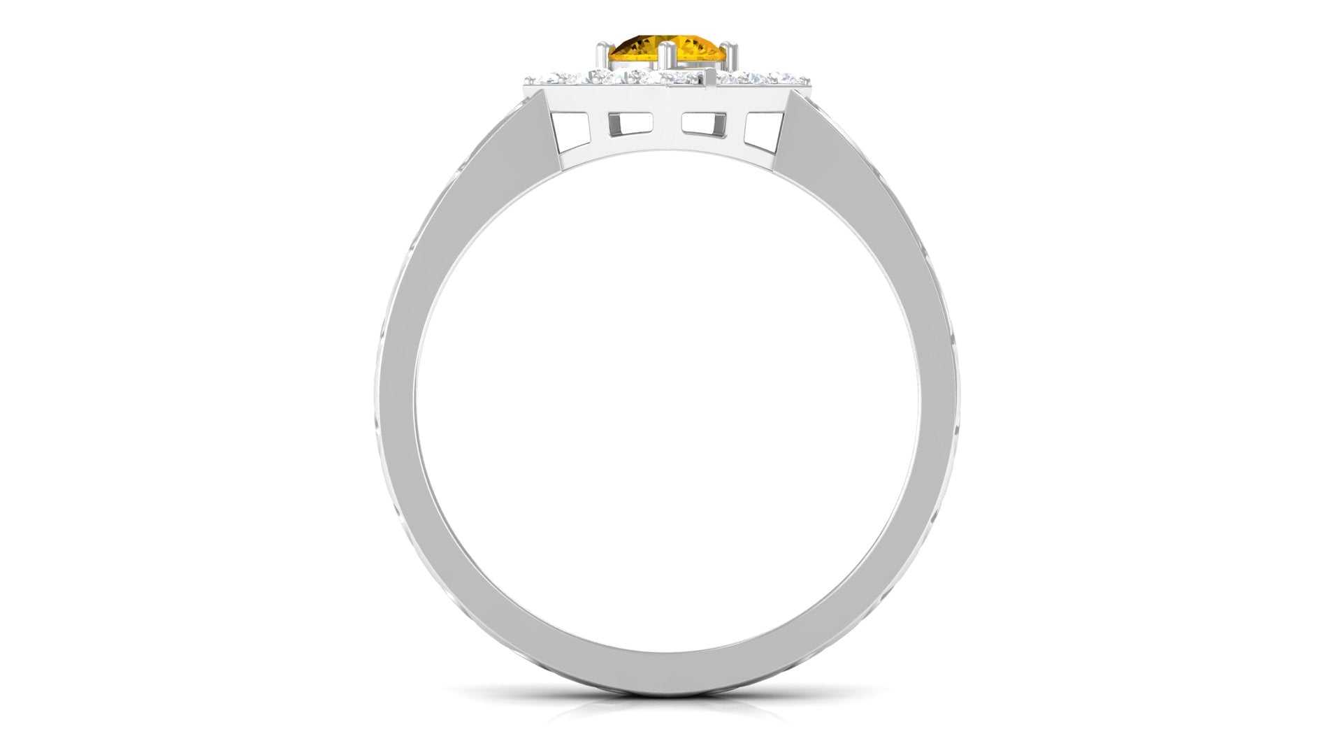 Yellow Sapphire Minimal Textured Shank Ring with Diamond Halo Yellow Sapphire - ( AAA ) - Quality - Rosec Jewels