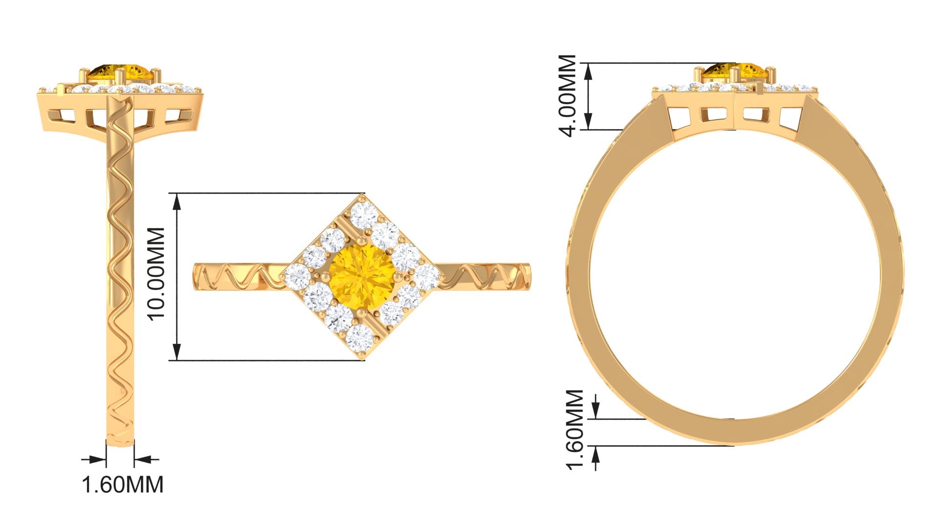 Yellow Sapphire Minimal Textured Shank Ring with Diamond Halo Yellow Sapphire - ( AAA ) - Quality - Rosec Jewels