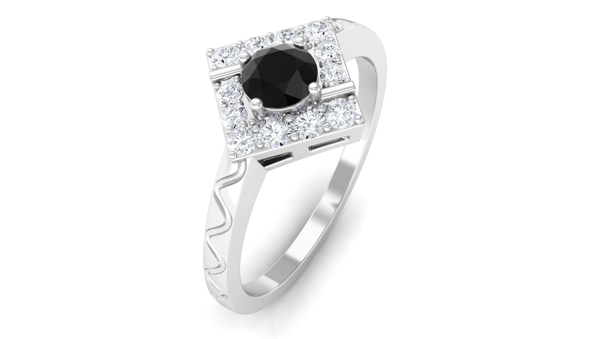 3/4 CT Black Spinel and Diamond Textured Ring Black Spinel - ( AAA ) - Quality - Rosec Jewels