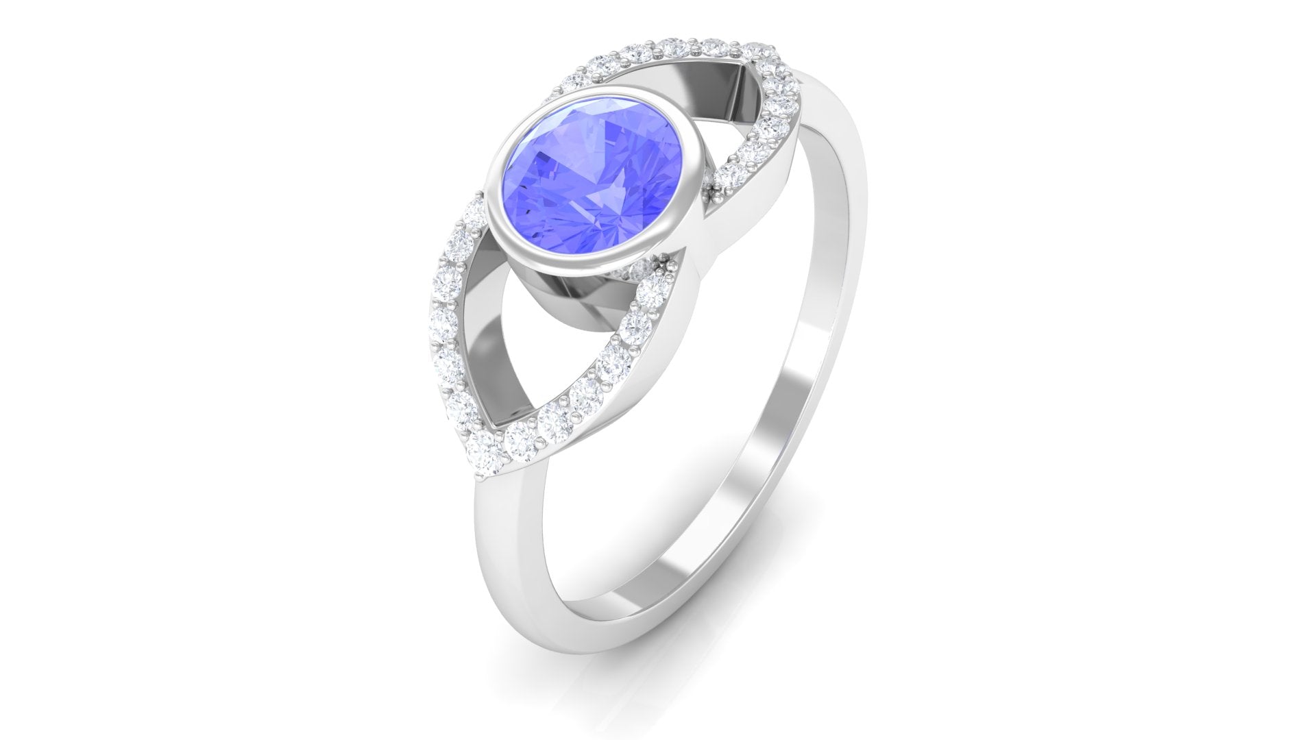 Bezel Set Tanzanite Solitaire Split Shank Ring with Diamond Tanzanite - ( AAA ) - Quality - Rosec Jewels