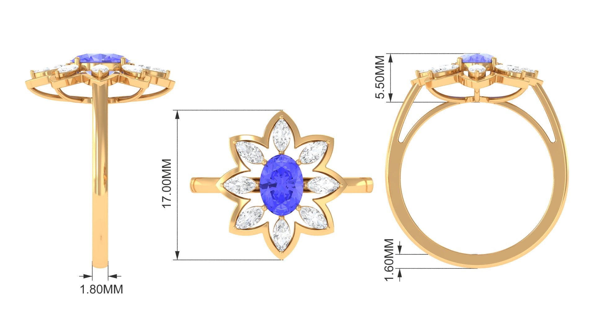 1.5 CT Oval Cut Tanzanite and Moissanite Flower Cocktail Ring Tanzanite - ( AAA ) - Quality - Rosec Jewels