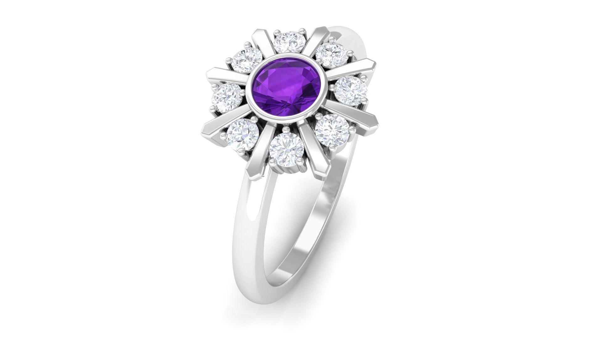 Bezel Set Amethyst Statement Ring with Diamond Amethyst - ( AAA ) - Quality - Rosec Jewels