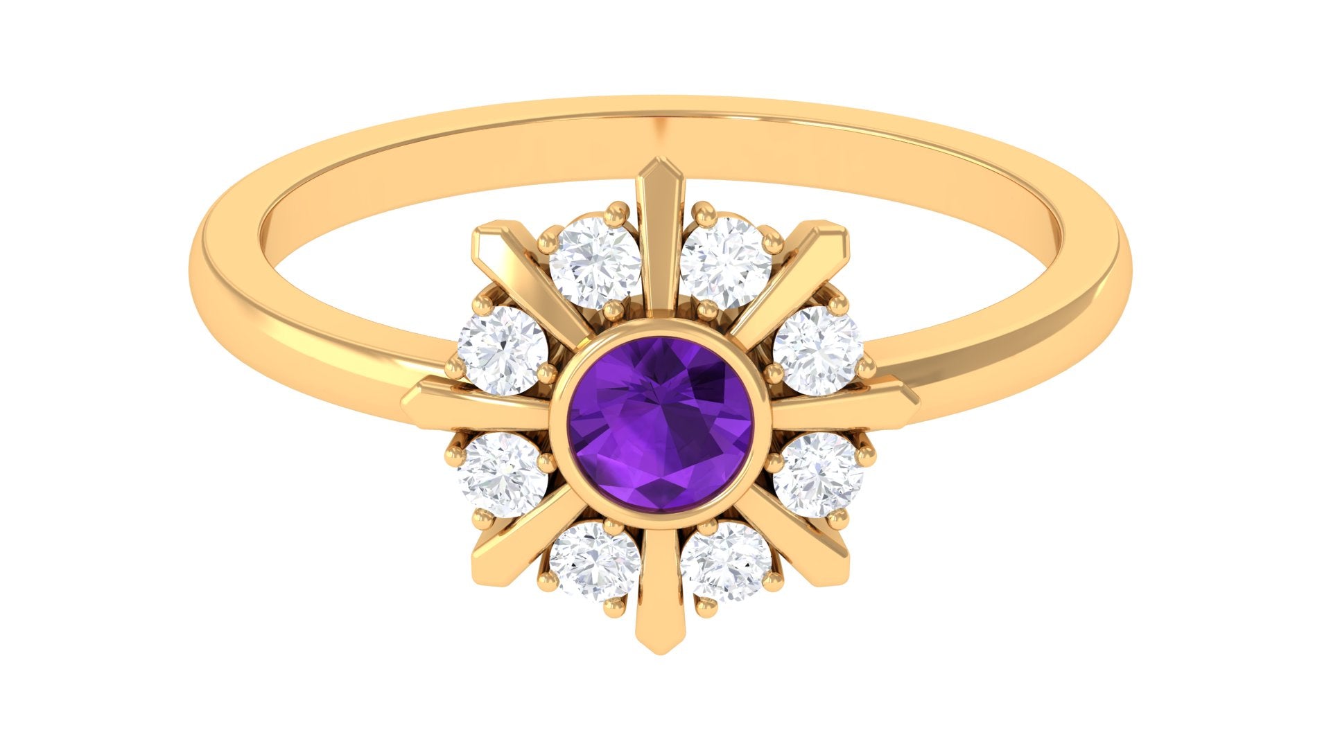 Bezel Set Amethyst Statement Ring with Diamond Amethyst - ( AAA ) - Quality - Rosec Jewels