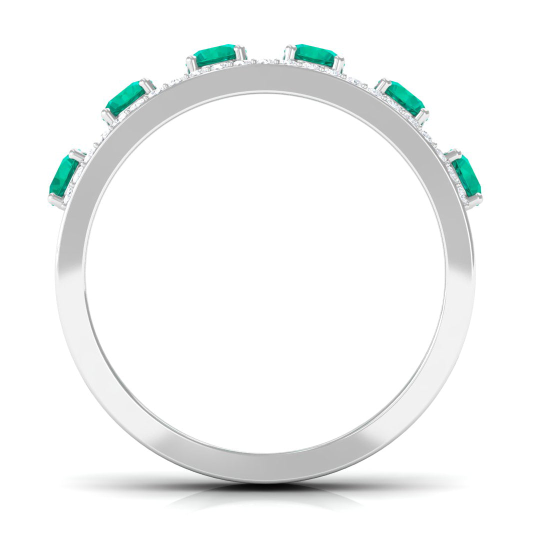 Wide Anniversary Ring with Emerald and Diamond Emerald - ( AAA ) - Quality - Rosec Jewels