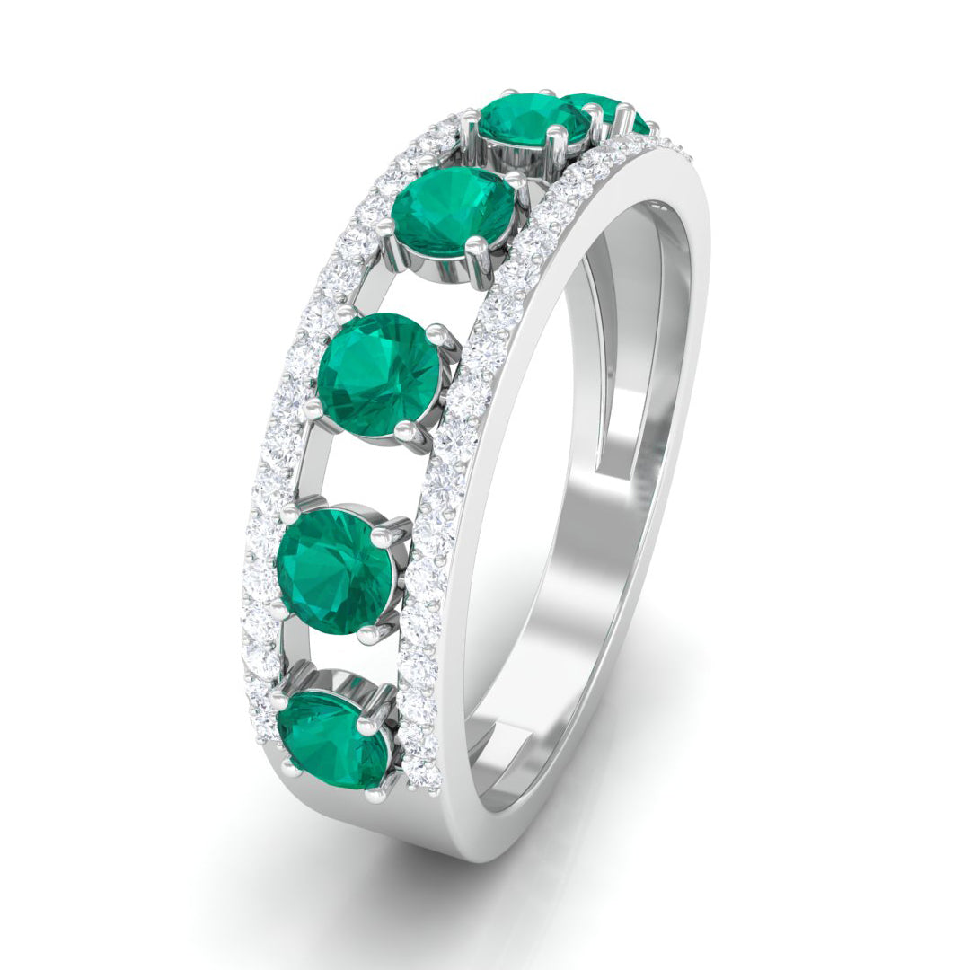 Wide Anniversary Ring with Emerald and Diamond Emerald - ( AAA ) - Quality - Rosec Jewels