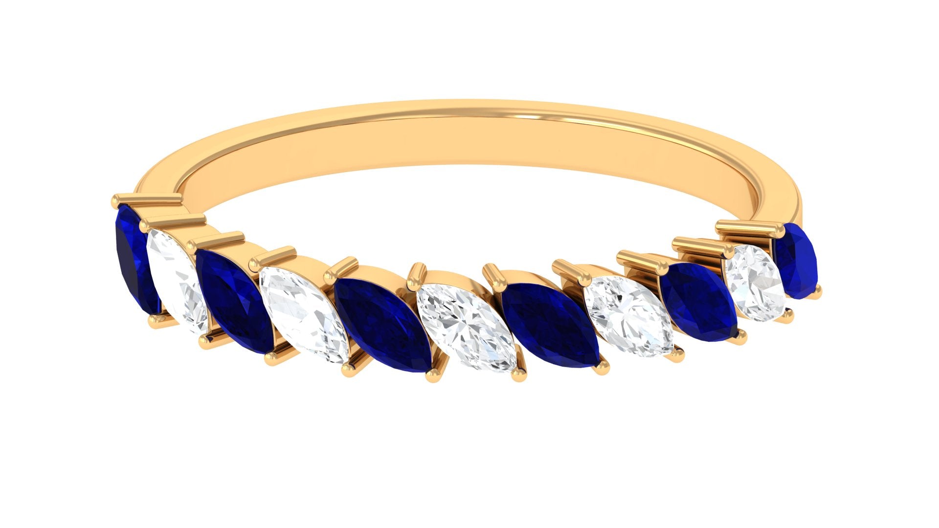 Marquise Blue Sapphire and Diamond Tilted Half Eternity Ring Blue Sapphire - ( AAA ) - Quality - Rosec Jewels