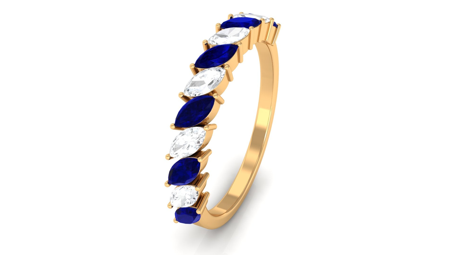 Marquise Blue Sapphire and Diamond Tilted Half Eternity Ring Blue Sapphire - ( AAA ) - Quality - Rosec Jewels