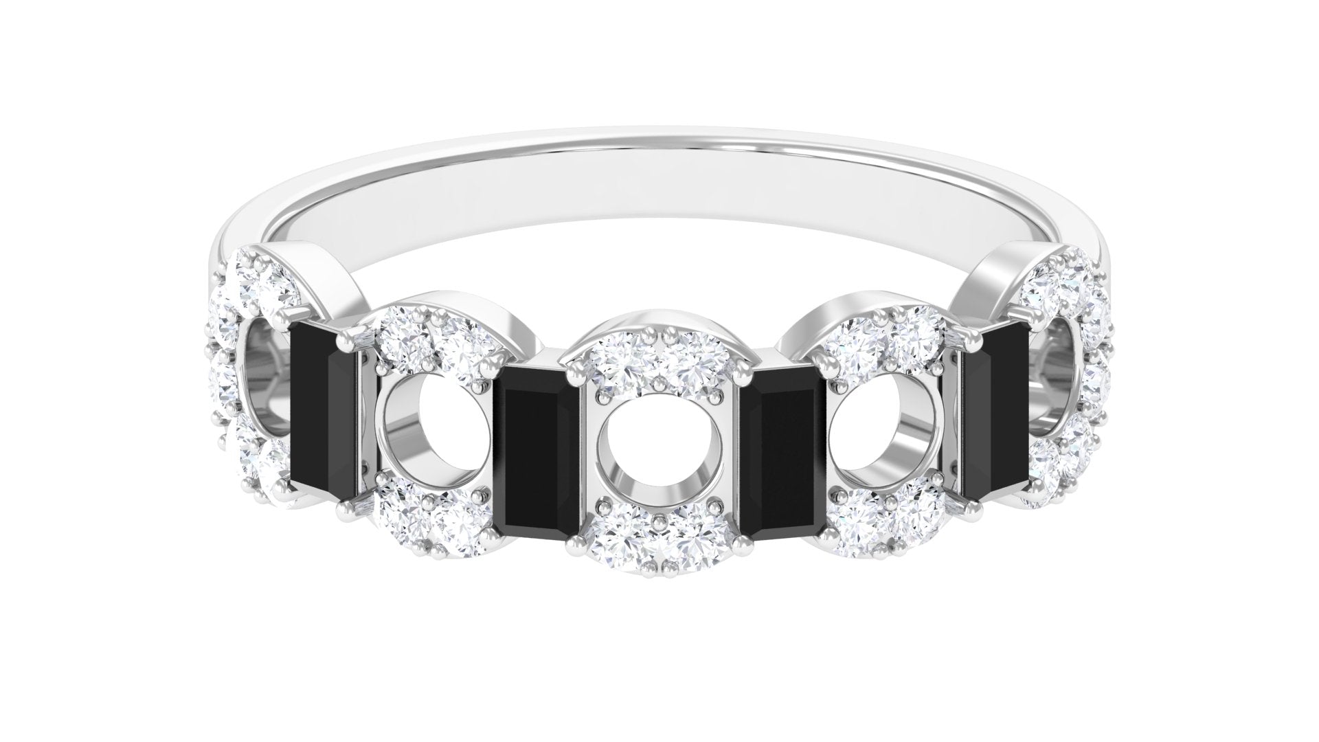 Art Deco Half Eternity Ring with Black Onyx and Diamond Black Onyx - ( AAA ) - Quality - Rosec Jewels