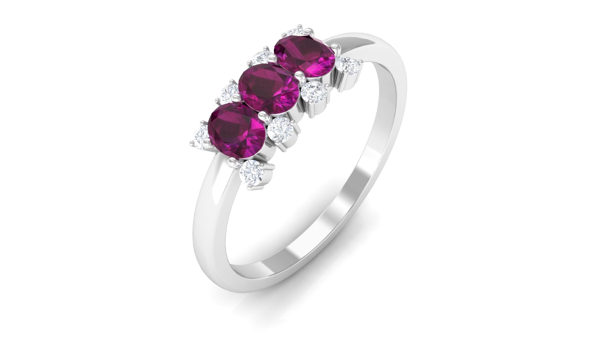 0.75 CT Oval Cut Rhodolite Three Stone Ring with Diamond Rhodolite - ( AAA ) - Quality - Rosec Jewels